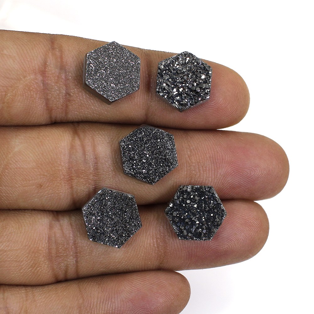5 Pcs Black Coated Druzy 12x12mm Hexagon 2660 Cts