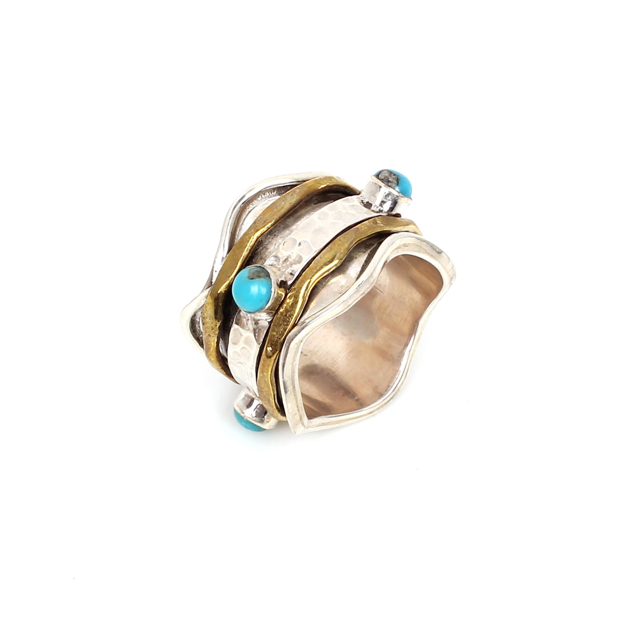 Turquoise 3mm Round Cab Spinner Ring Two Tone Wide 925 Sterling Silver Ring