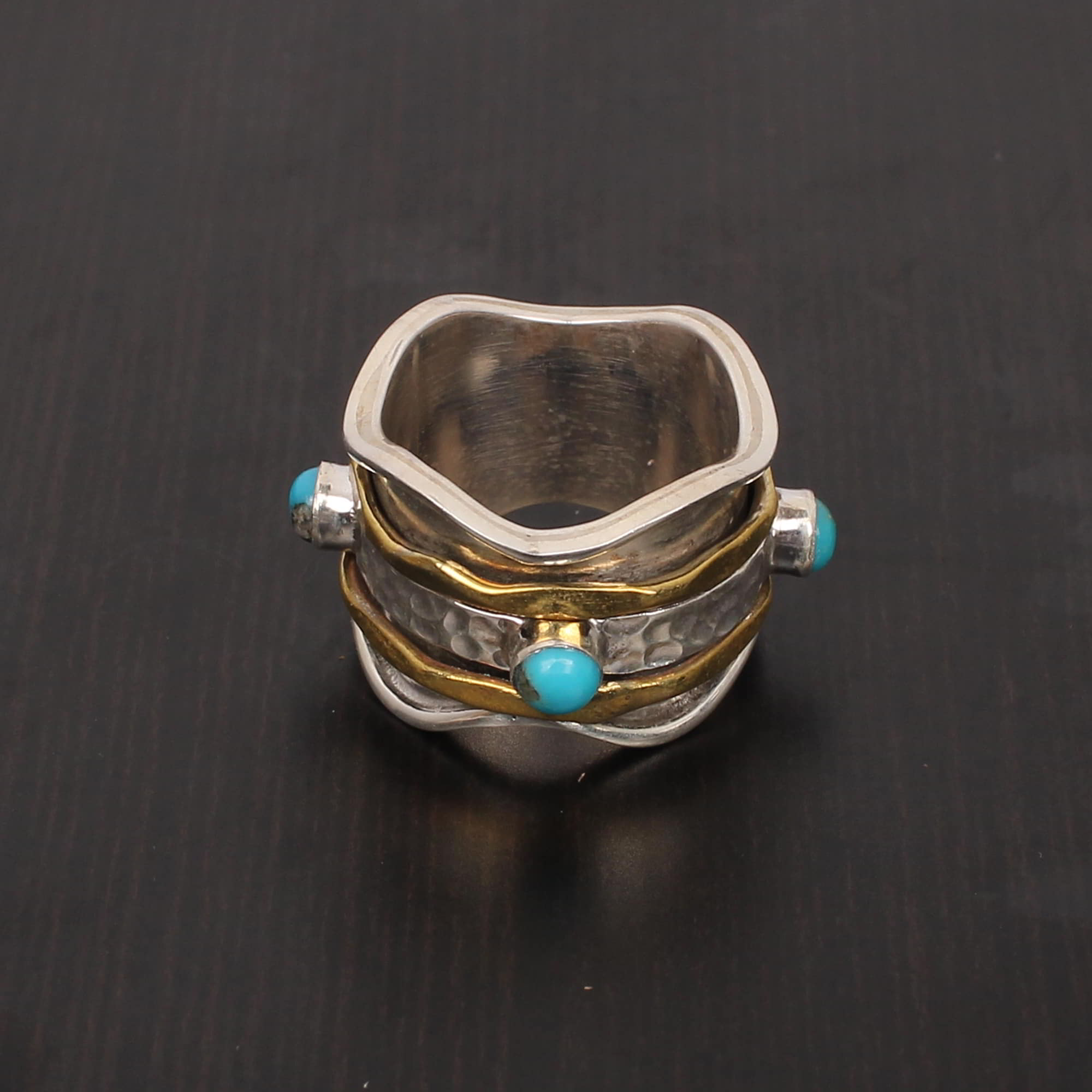 Turquoise 3mm Round Cab Spinner Ring Two Tone Wide 925 Sterling Silver Ring