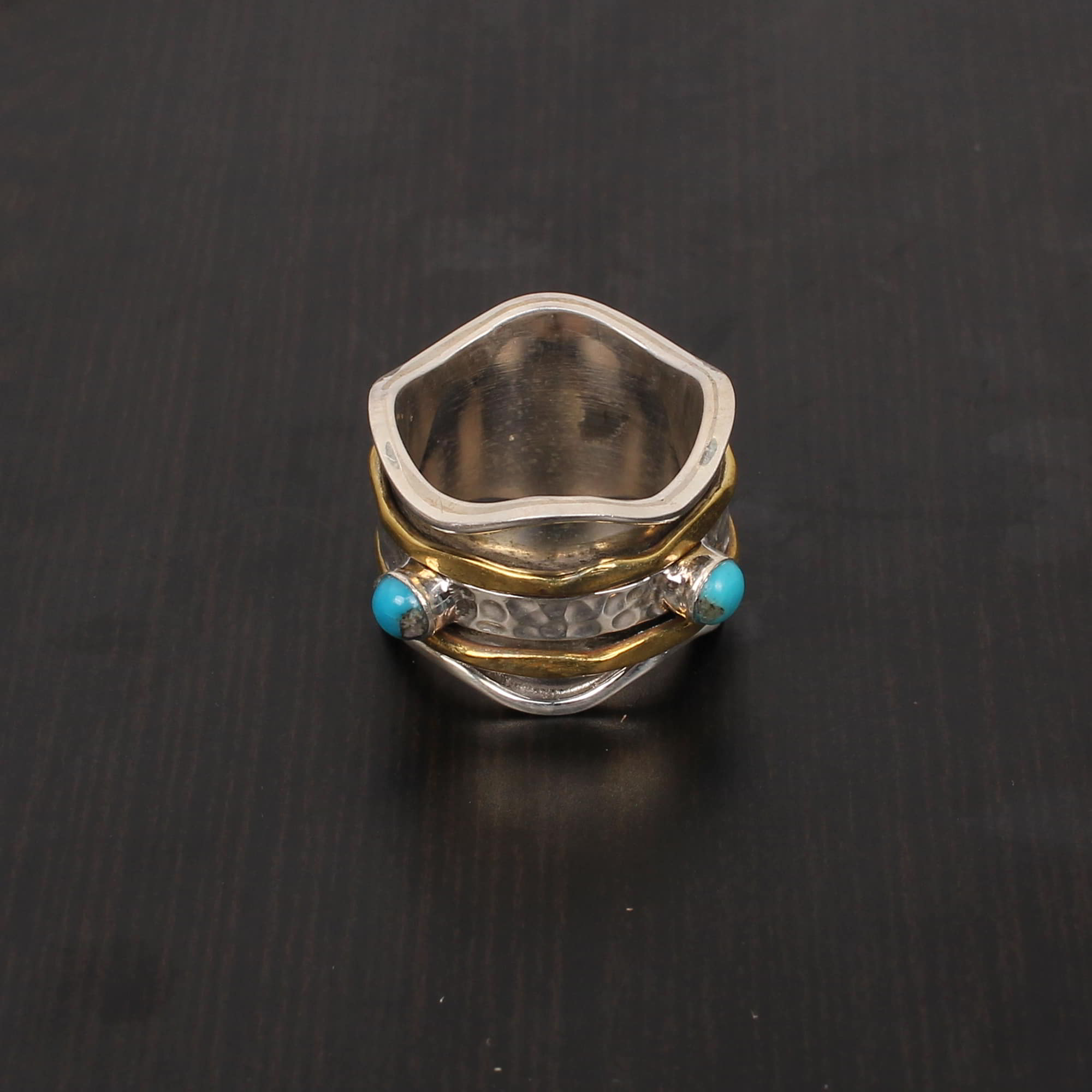 Turquoise 3mm Round Cab Spinner Ring Two Tone Wide 925 Sterling Silver Ring