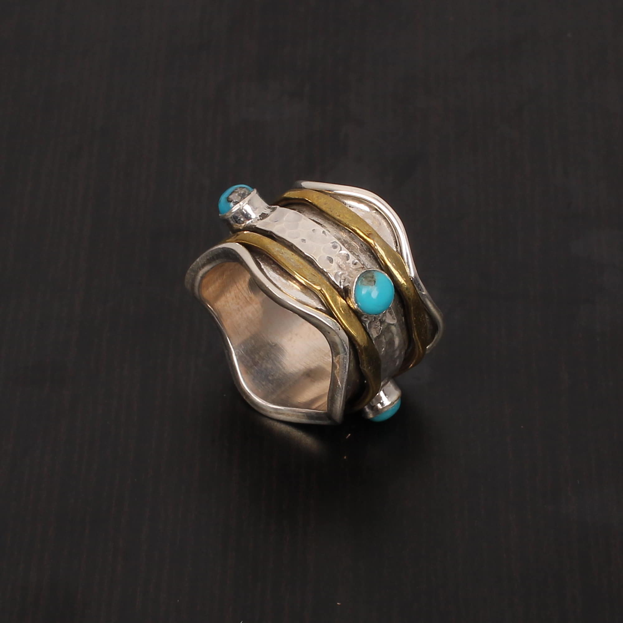 Turquoise 3mm Round Cab Spinner Ring Two Tone Wide 925 Sterling Silver Ring
