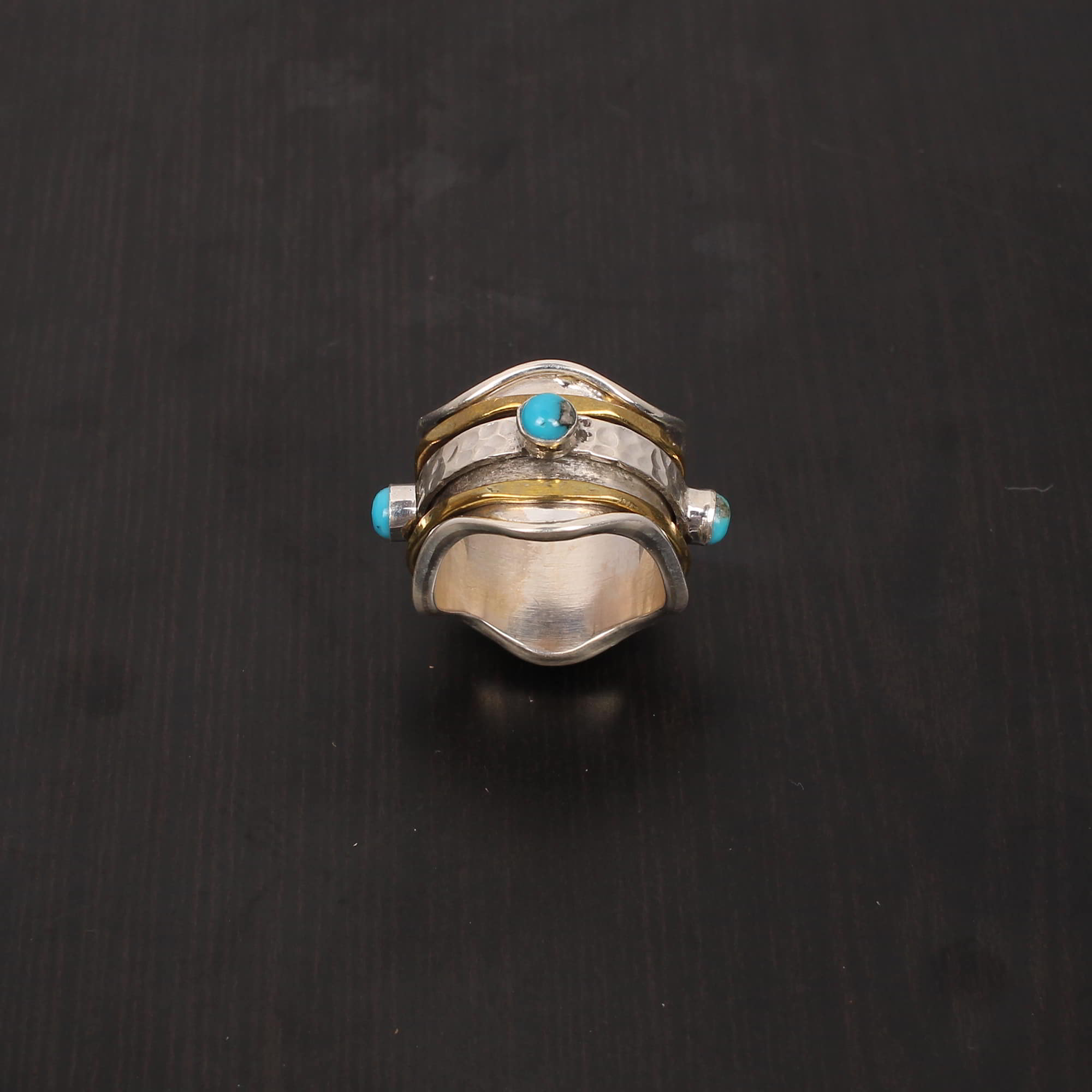 Turquoise 3mm Round Cab Spinner Ring Two Tone Wide 925 Sterling Silver Ring