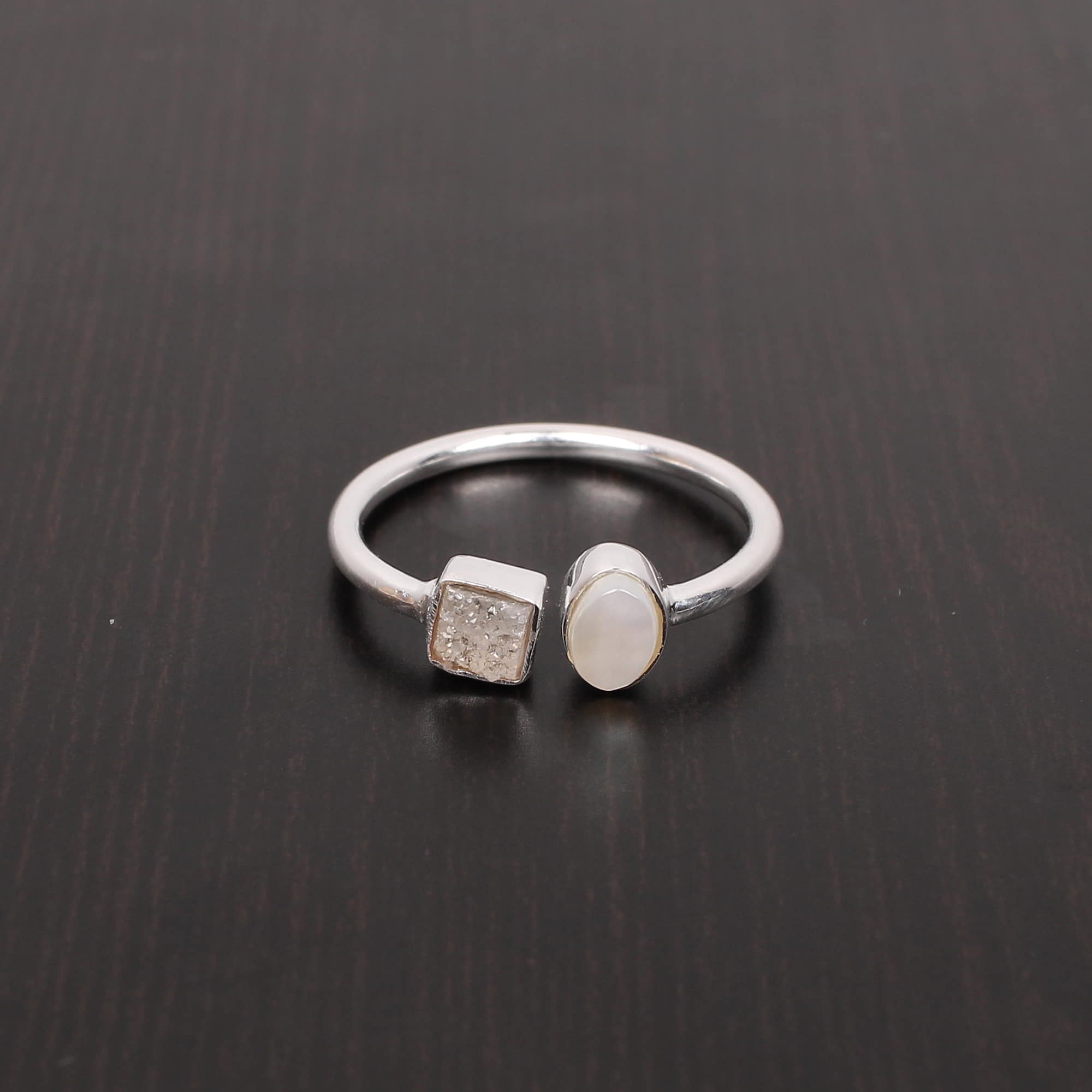 Mother of Pearl and Druzy Stackable 925 Sterling Silver Ring