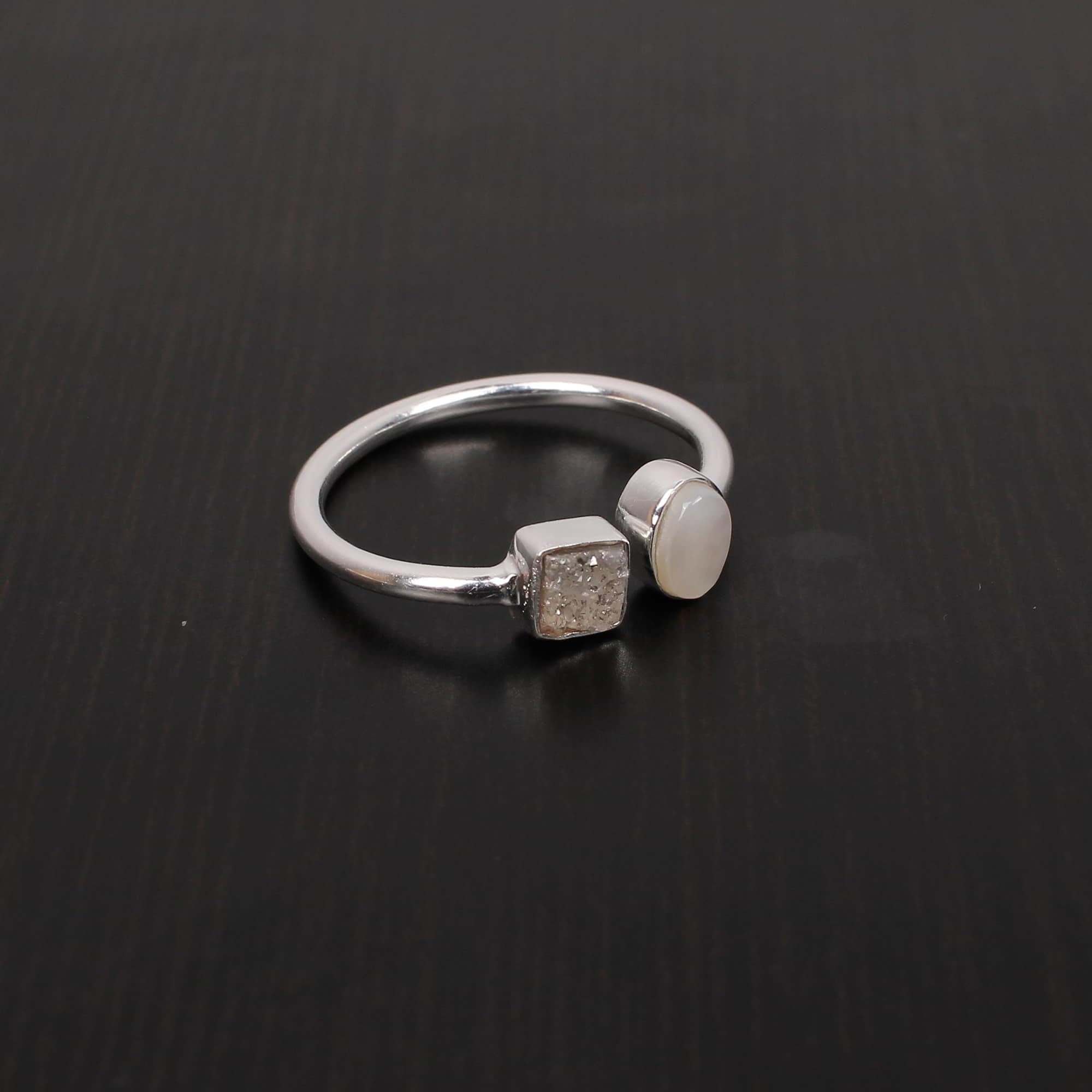 Mother of Pearl and Druzy Stackable 925 Sterling Silver Ring