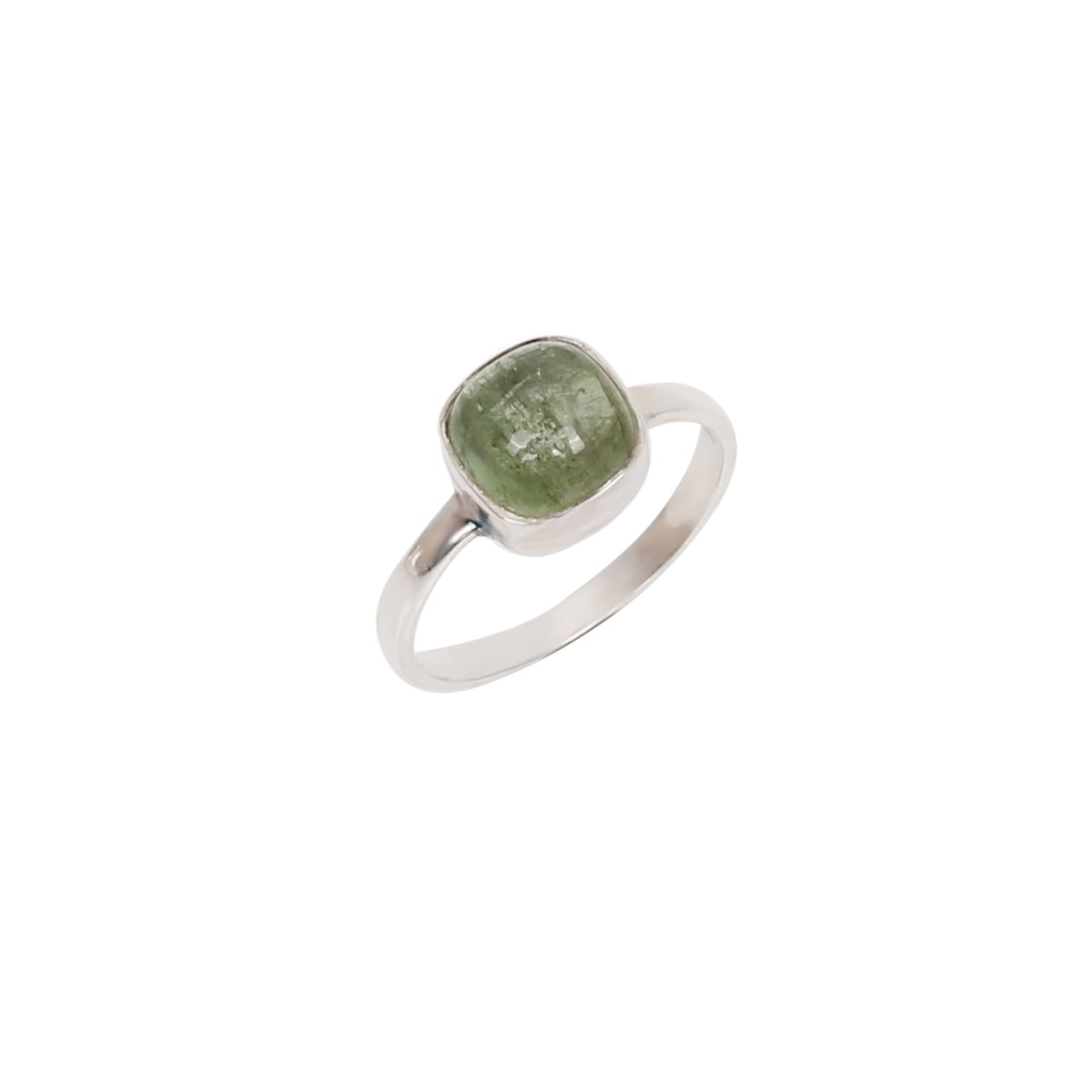 Natural Green Tourmaline 7x7mm Cushion Cab 925 Sterling Silver Ring