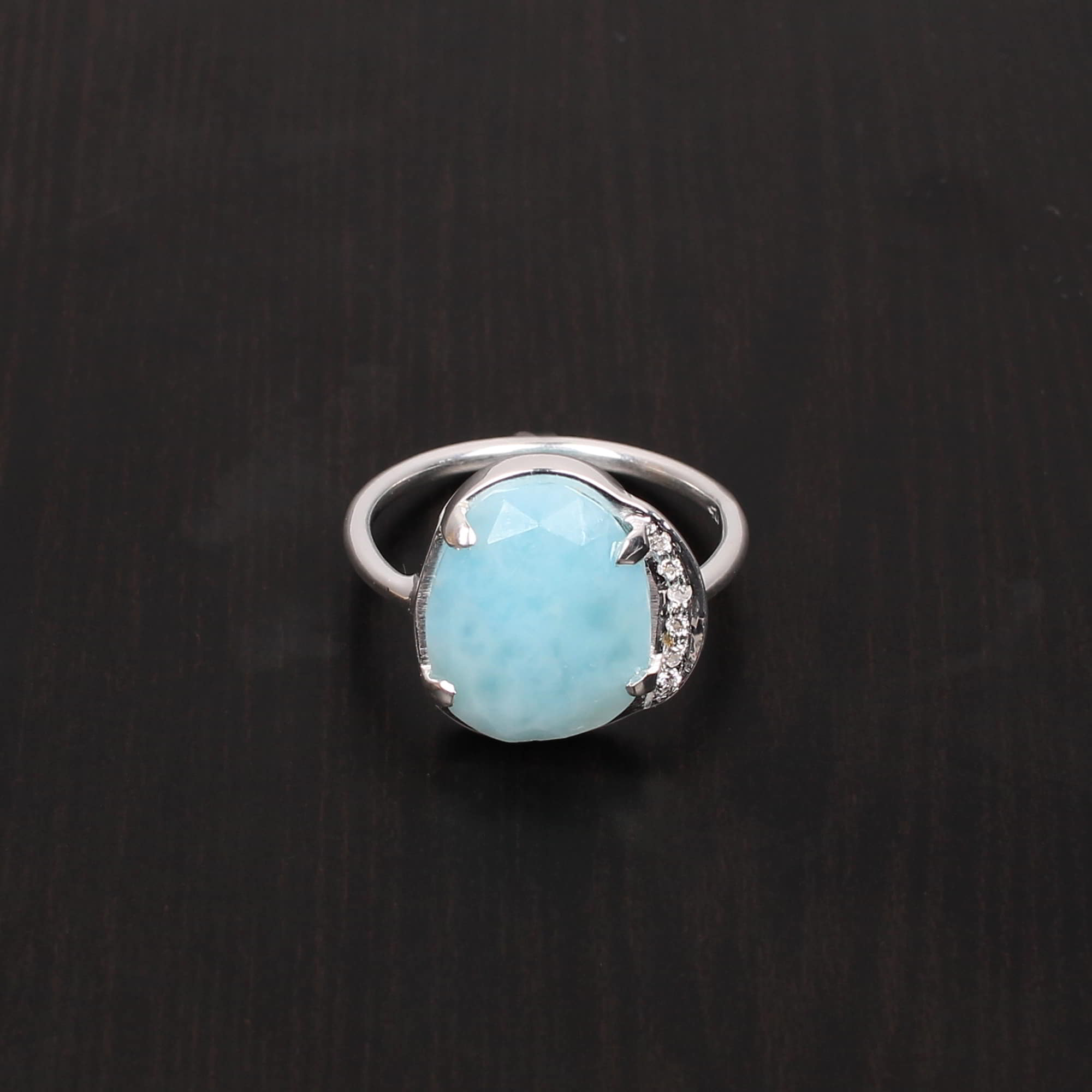 Natural Larimar and Cubic Zircon 15x12mm1mm Fancy Rose Cut Round Cut 925 Sterling Silver Ring