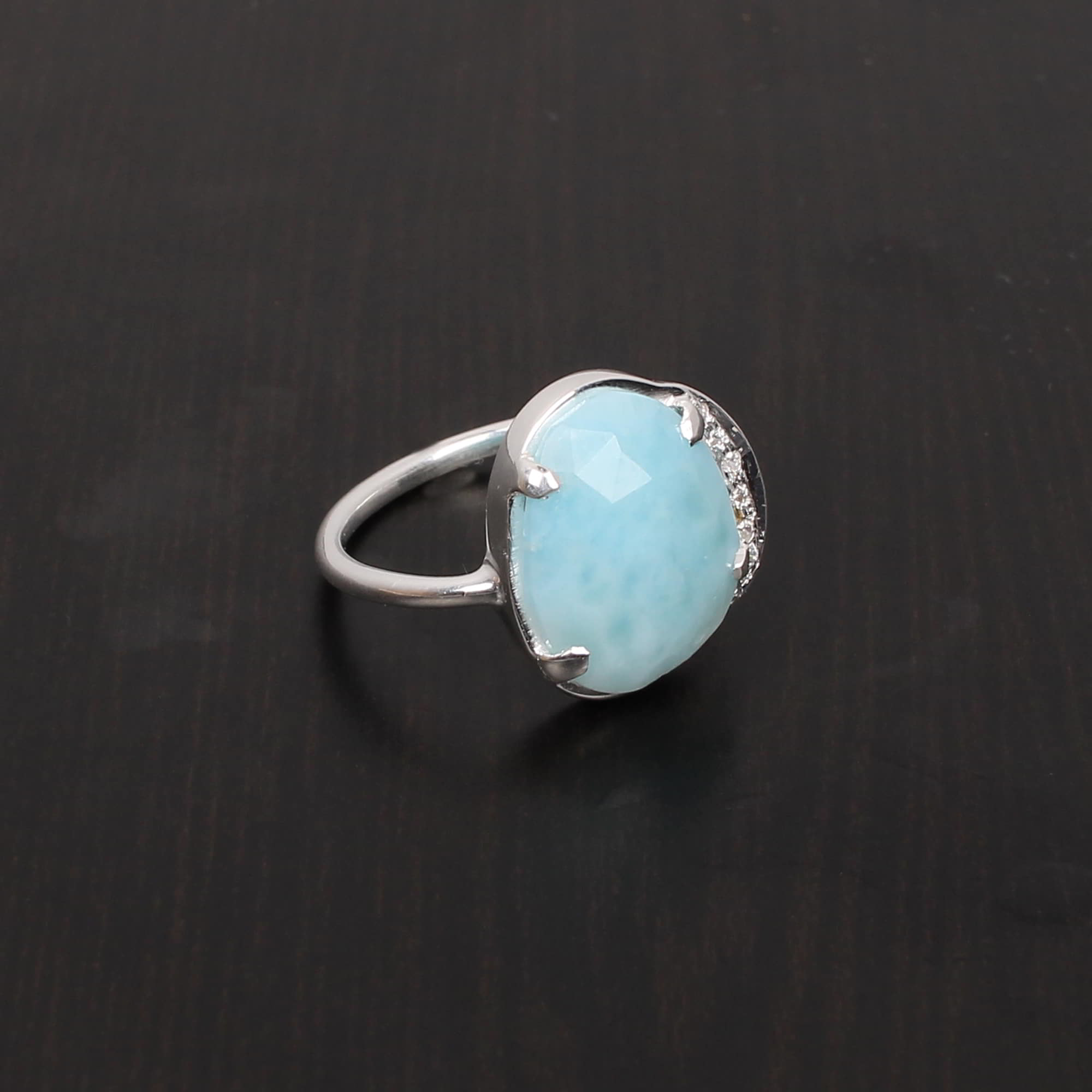 Natural Larimar and Cubic Zircon 15x12mm1mm Fancy Rose Cut Round Cut 925 Sterling Silver Ring