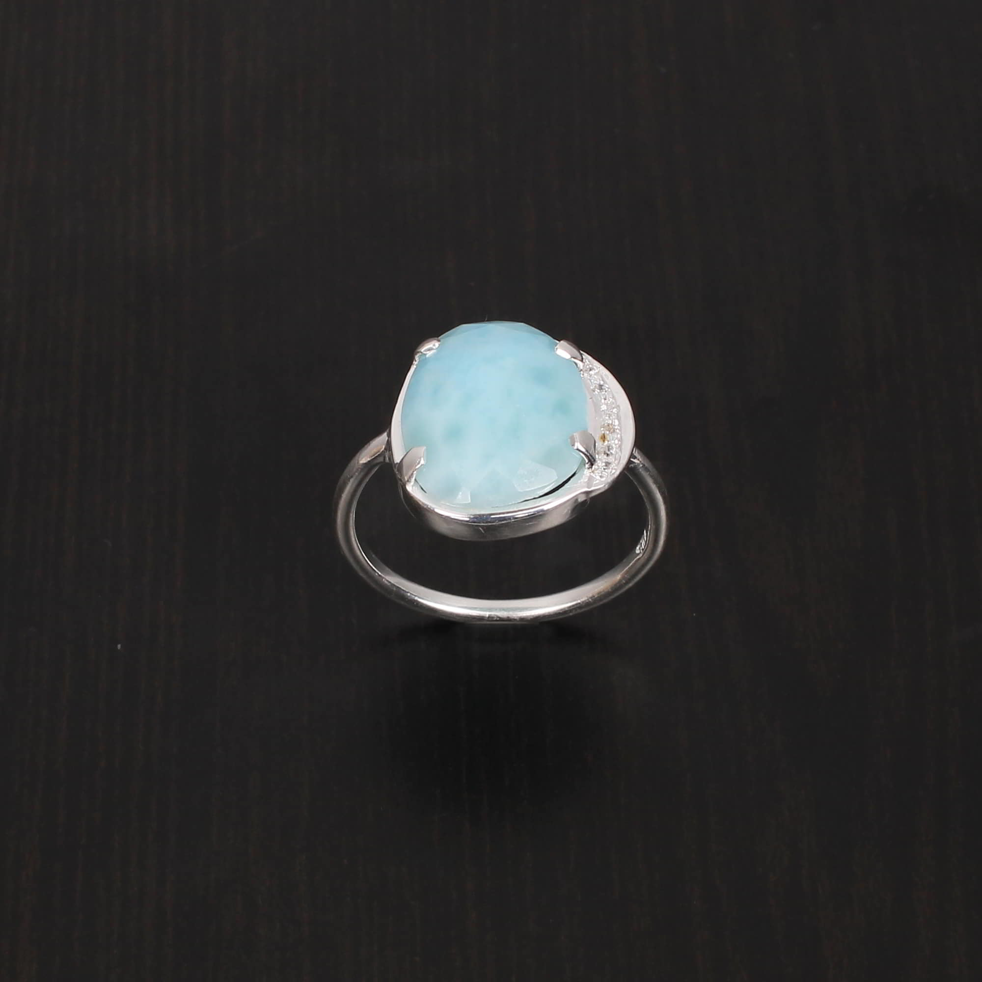 Natural Larimar and Cubic Zircon 15x12mm1mm Fancy Rose Cut Round Cut 925 Sterling Silver Ring