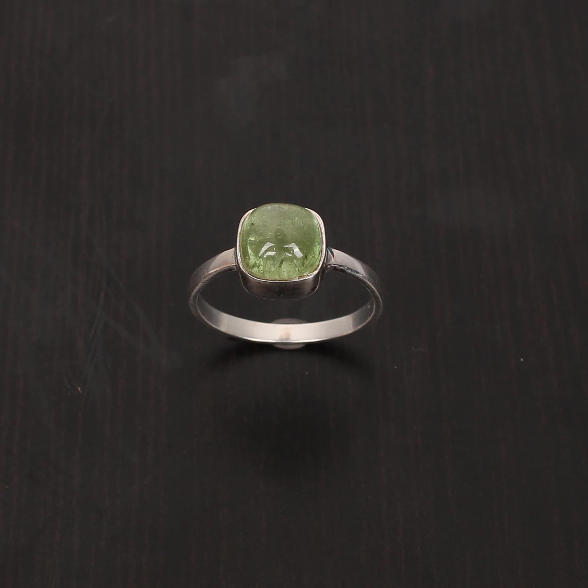 Natural Green Tourmaline 7x7mm Cushion Cab 925 Sterling Silver Ring