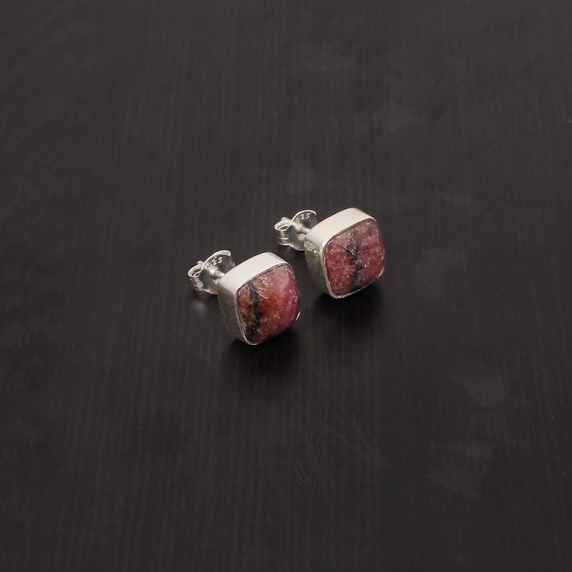 Faceted Rhodonite 8x8mm Cushion Gemstone 925 Sterling Silver Stud Earrings Jewelry