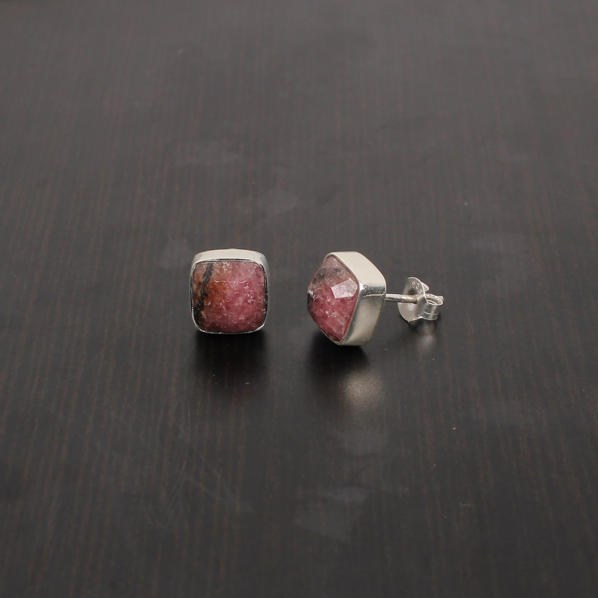 Faceted Rhodonite 8x8mm Cushion Gemstone 925 Sterling Silver Stud Earrings Jewelry