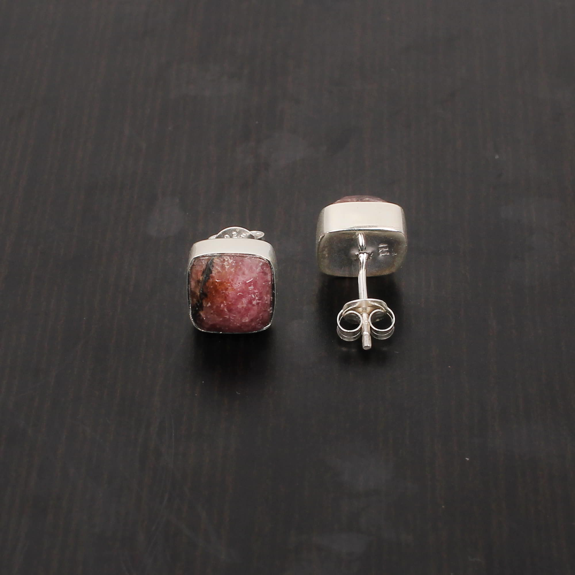 Faceted Rhodonite 8x8mm Cushion Gemstone 925 Sterling Silver Stud Earrings Jewelry