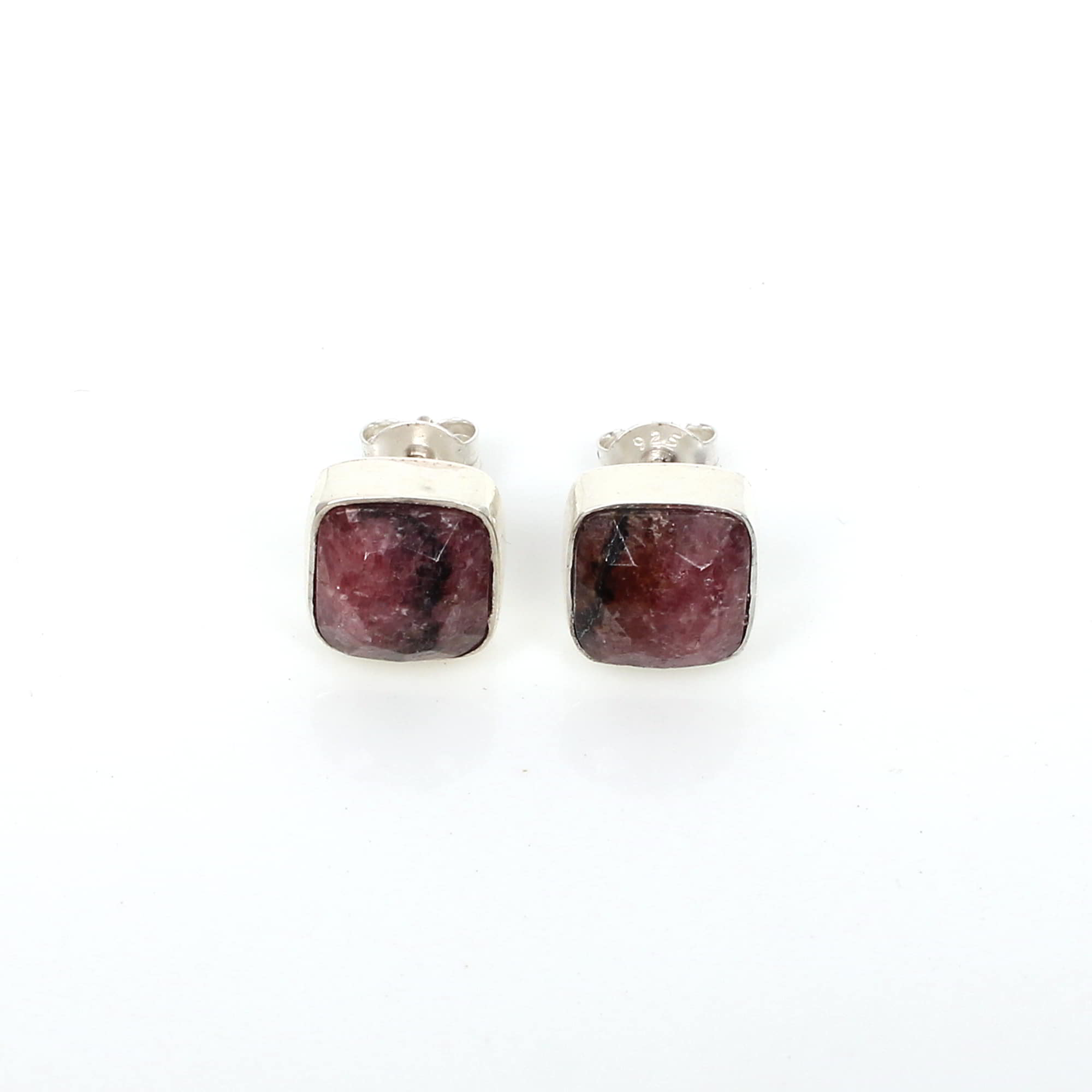 Faceted Rhodonite 8x8mm Cushion Gemstone 925 Sterling Silver Stud Earrings Jewelry