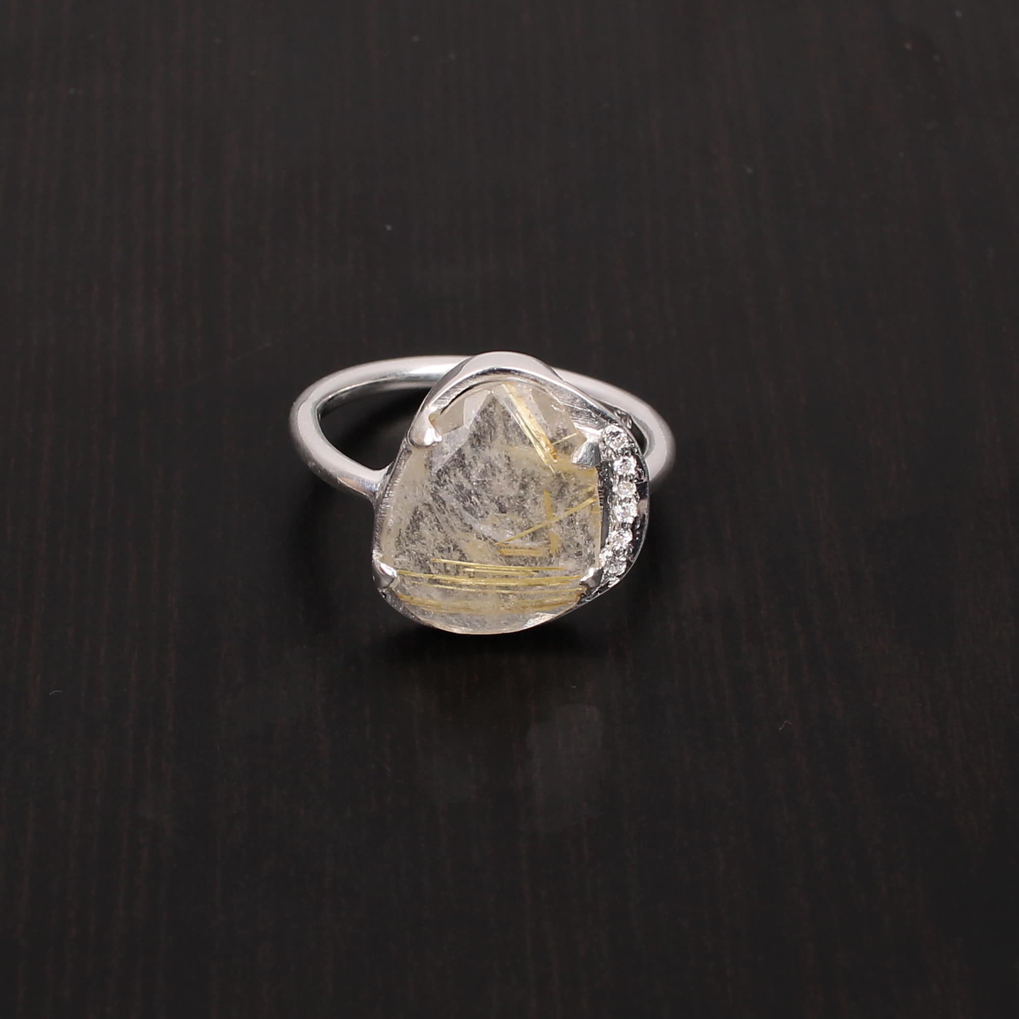 Natural Golden Rutiled and Cubic Zircon 15x11mm1mm Fancy Rose Cut Round Cut 925 Sterling Silver Ring