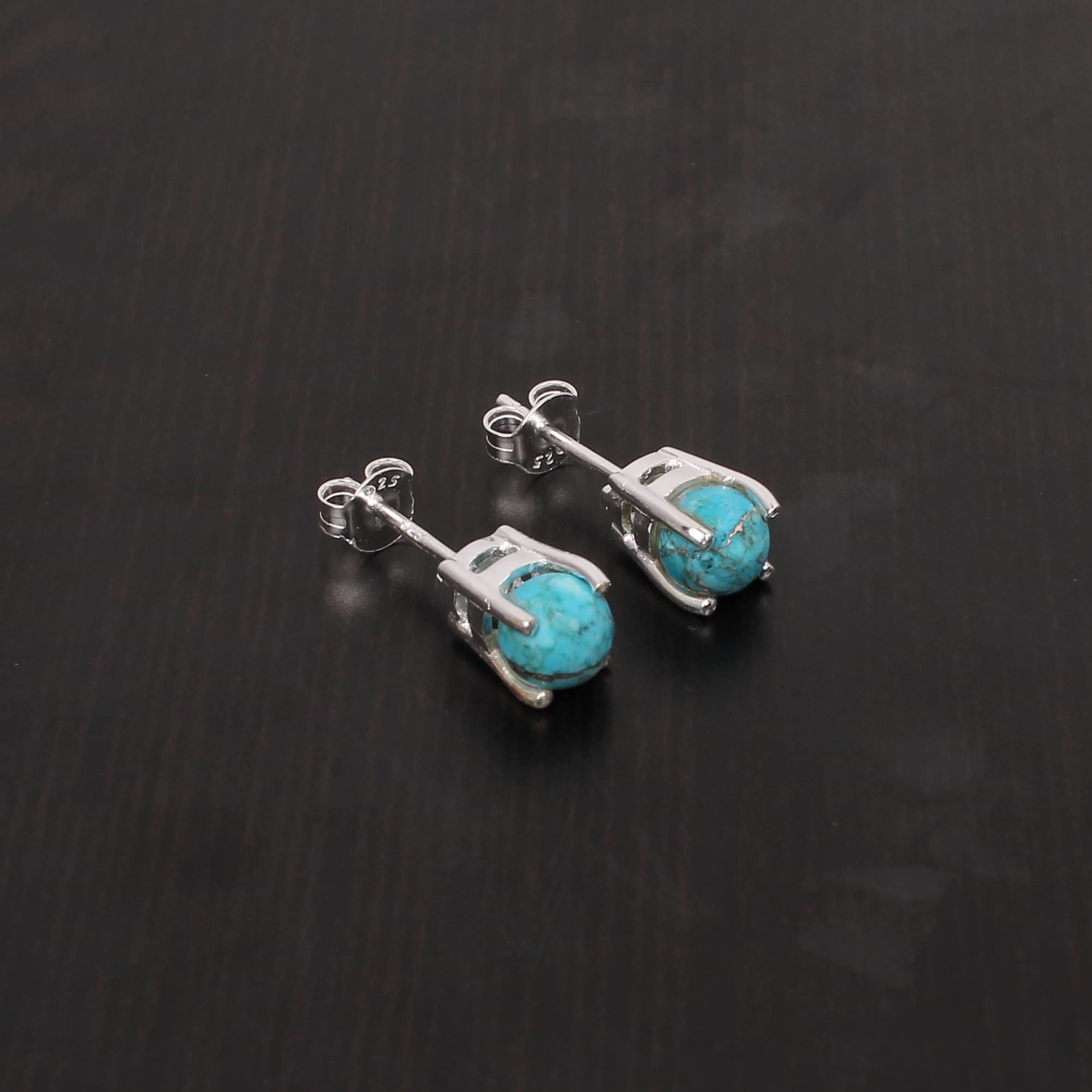 Natural Turquoise 6mm Round Cab 925 Sterling Silver Stud Earring