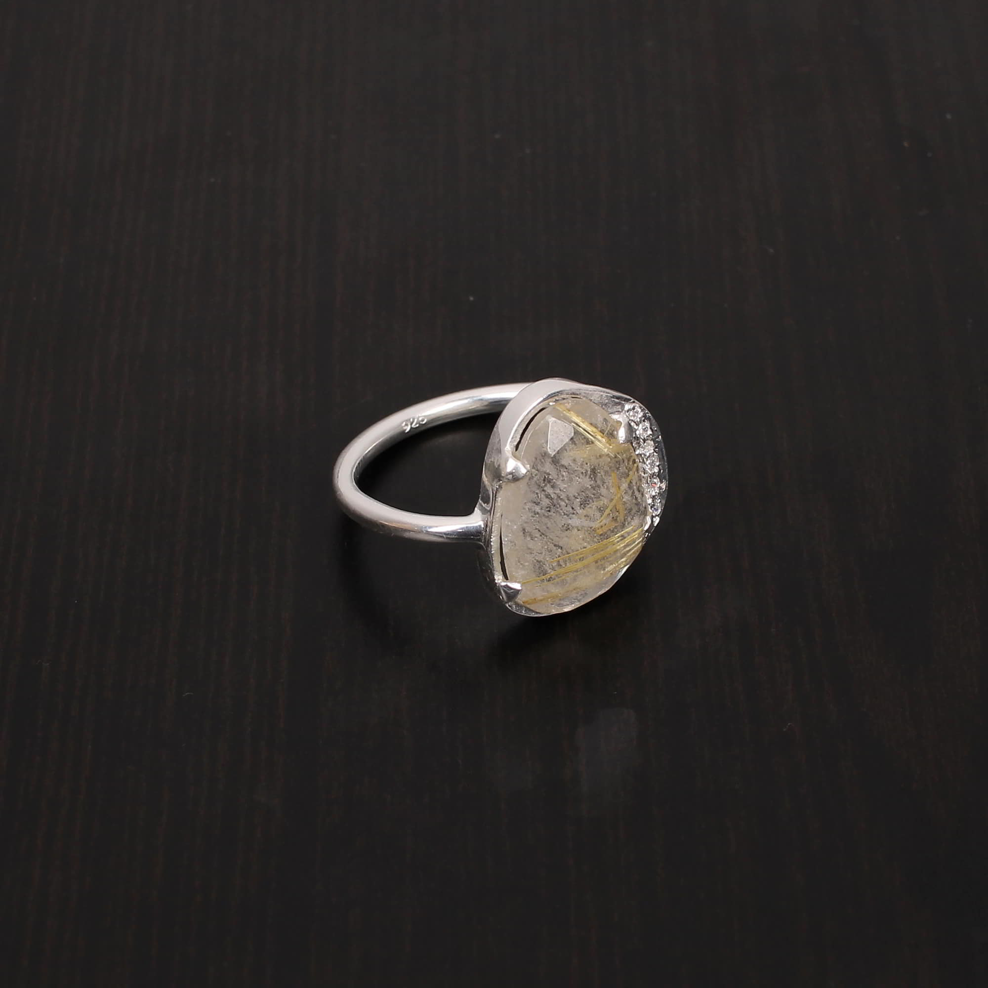 Natural Golden Rutiled and Cubic Zircon 15x11mm1mm Fancy Rose Cut Round Cut 925 Sterling Silver Ring