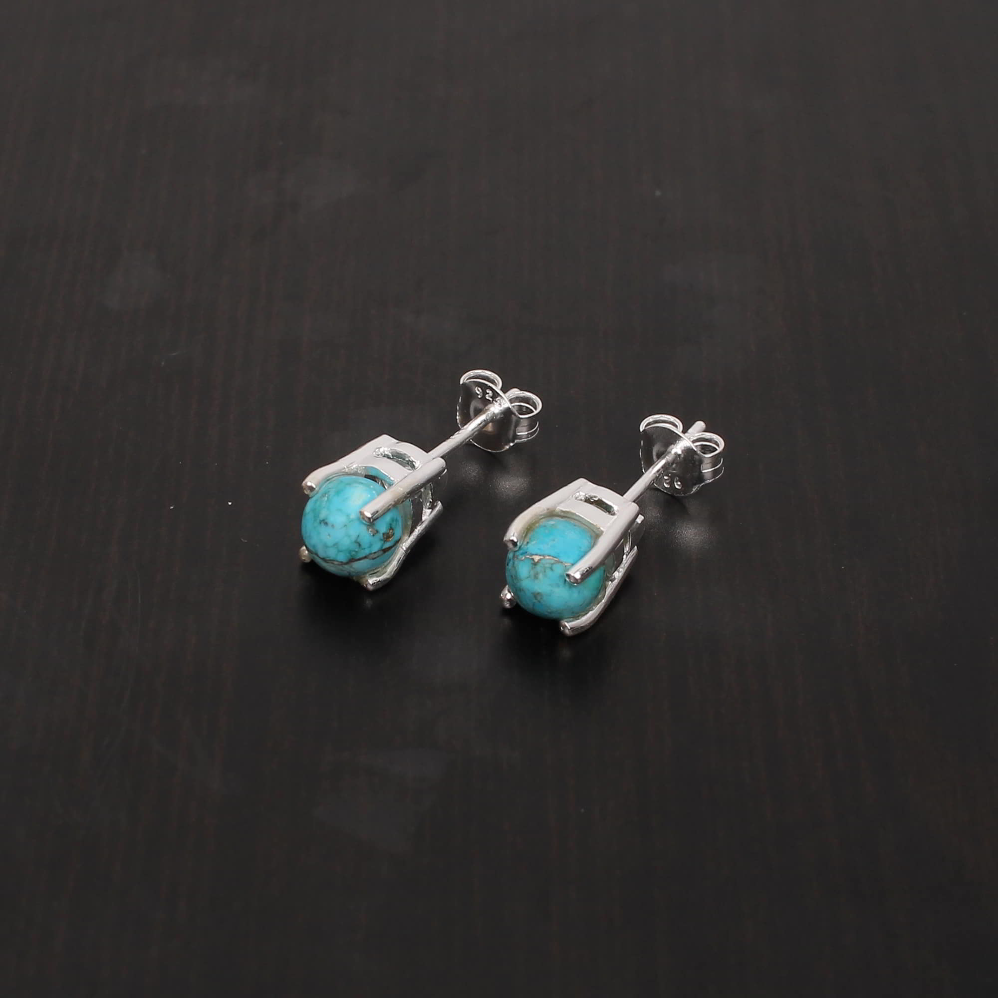 Natural Turquoise 6mm Round Cab 925 Sterling Silver Stud Earring