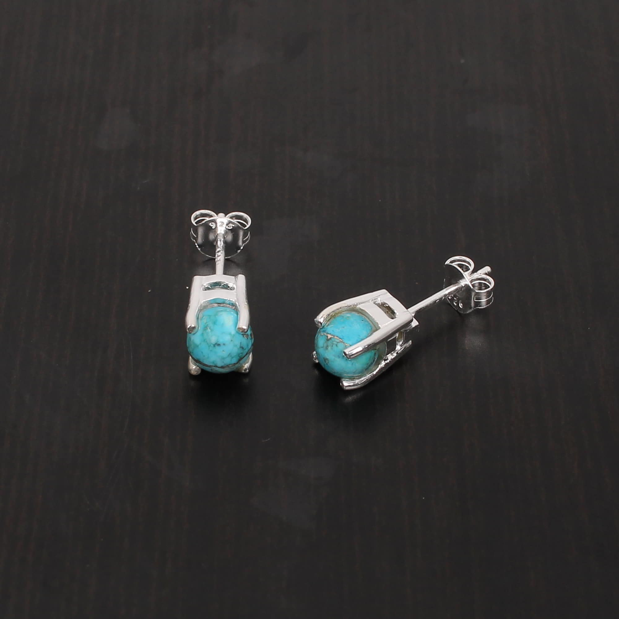 Natural Turquoise 6mm Round Cab 925 Sterling Silver Stud Earring