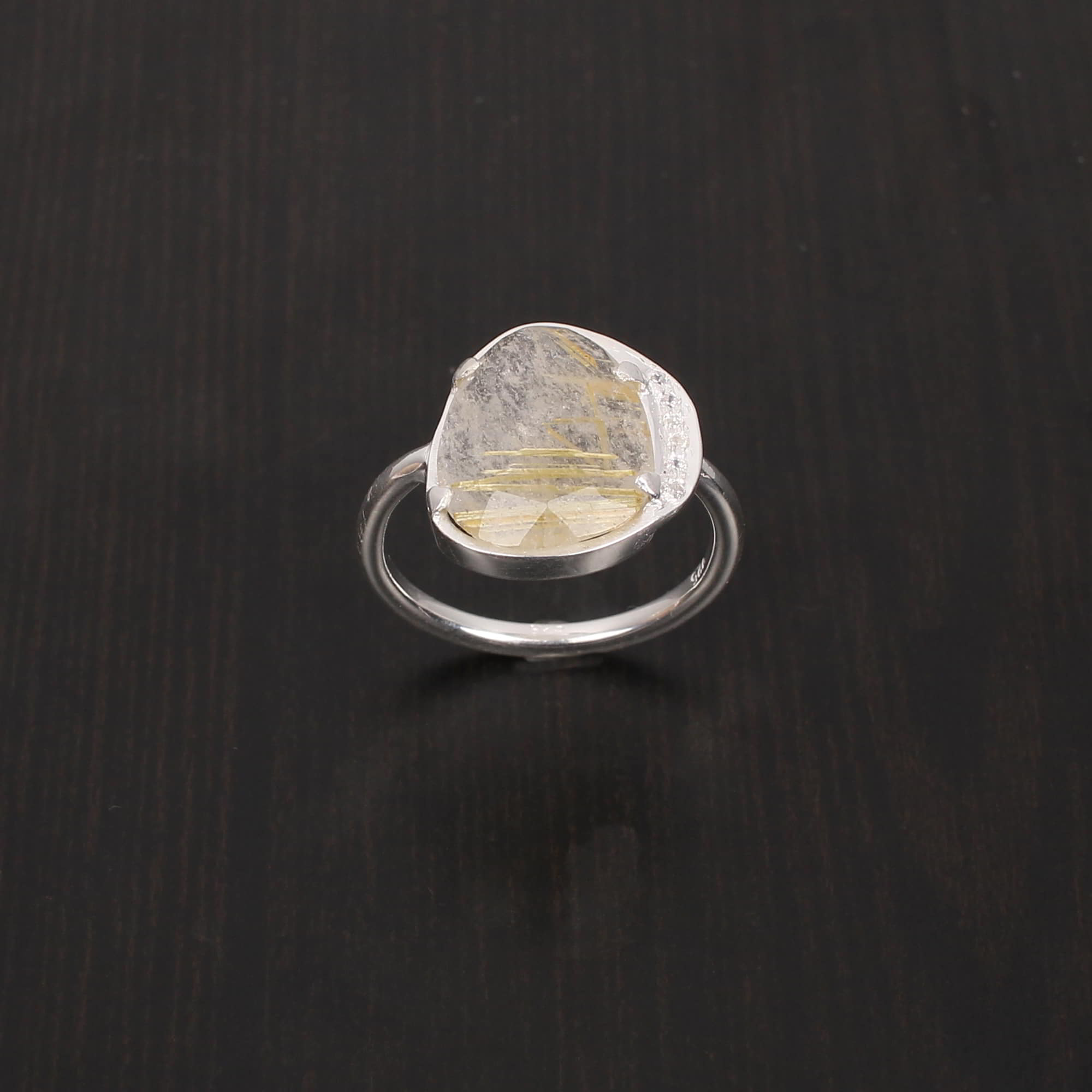Natural Golden Rutiled and Cubic Zircon 15x11mm1mm Fancy Rose Cut Round Cut 925 Sterling Silver Ring