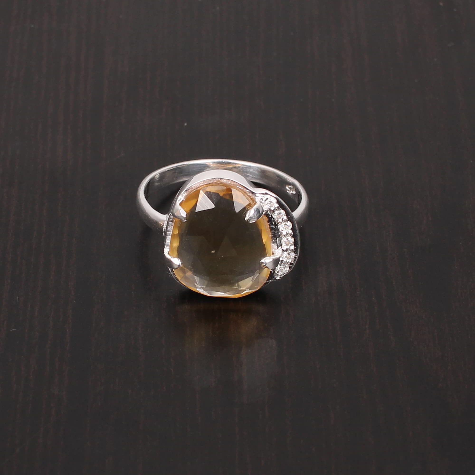 Natural Citrine and Cubic Zircon 15x11mm1mm Fancy Rose Cut Round Cut 925 Sterling Silver Ring