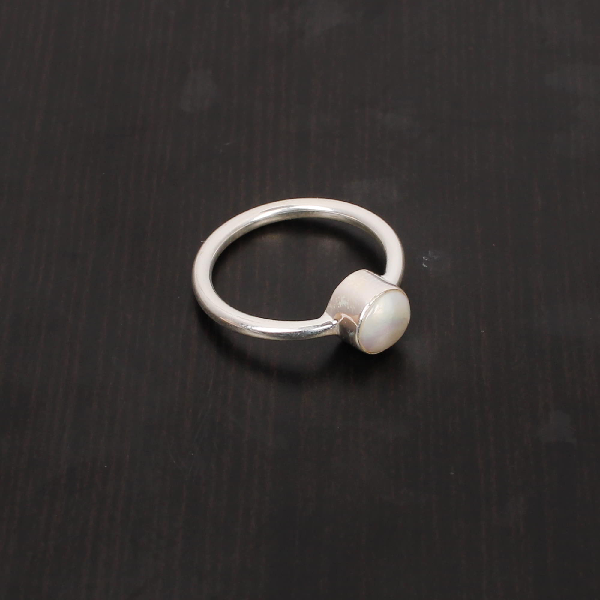 White Pearl 6mm Round Cab 925 Sterling Silver Wedding Ring