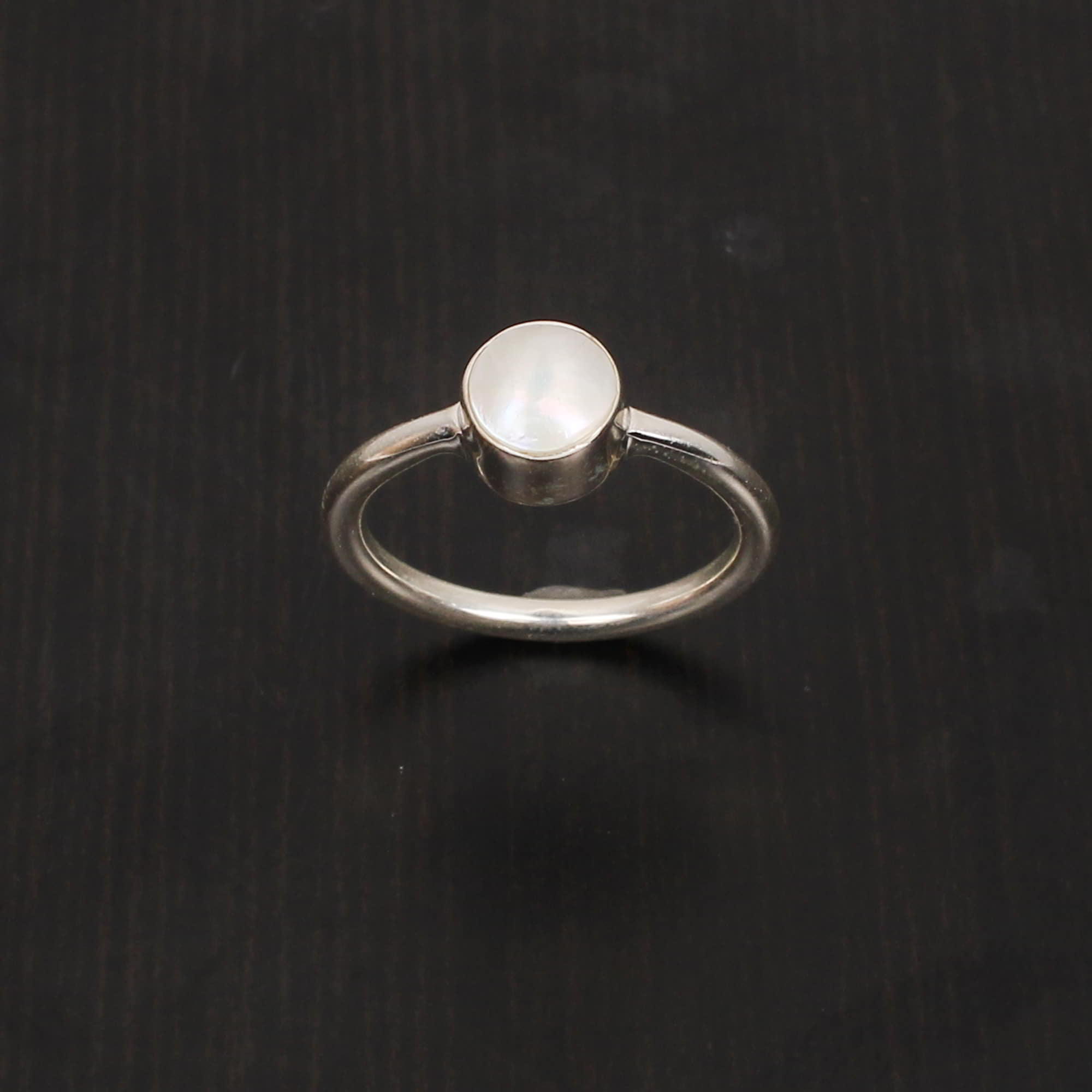 White Pearl 6mm Round Cab 925 Sterling Silver Wedding Ring