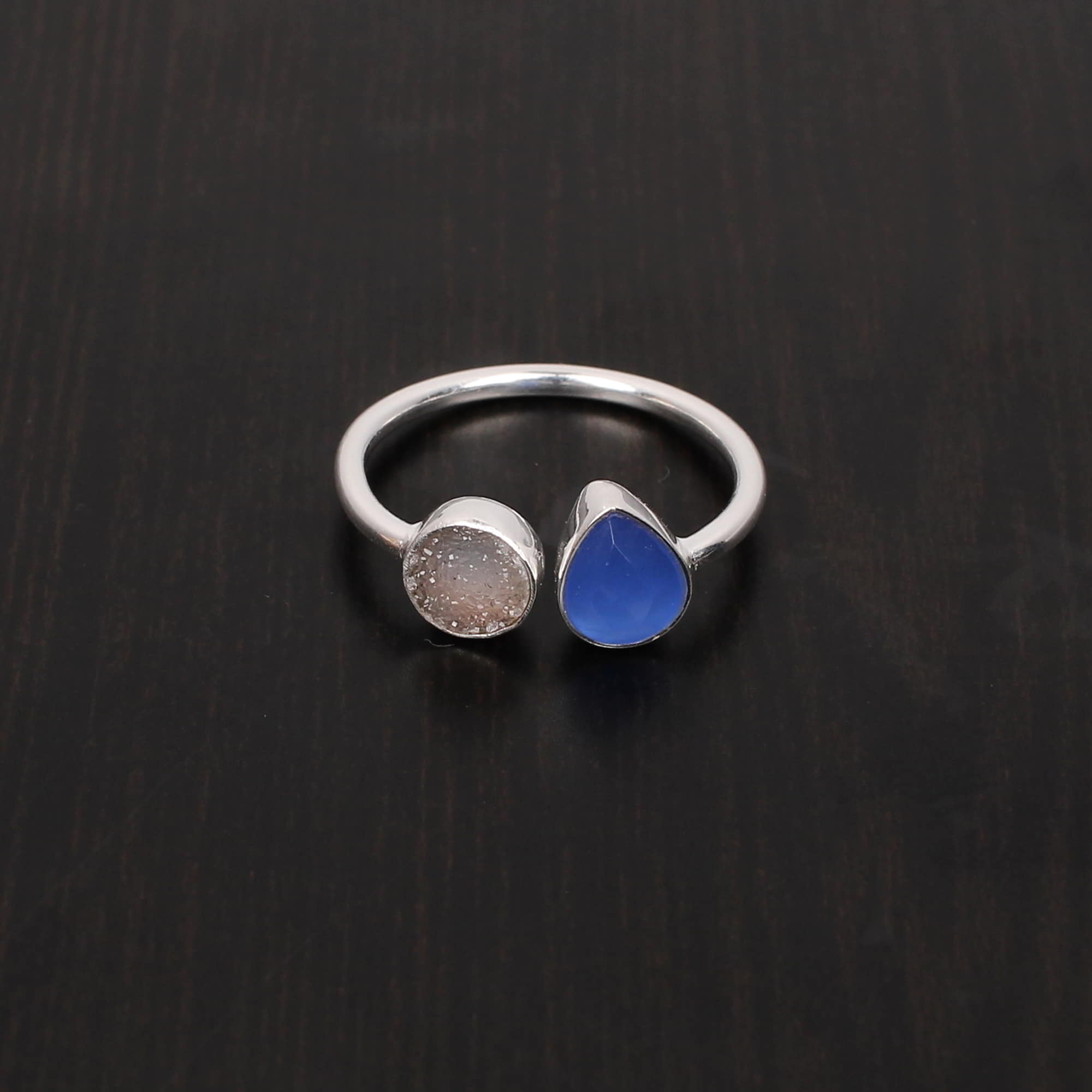 Pink Chalcedony and Gray Druzy Stackable 925 Sterling Silver Ring
