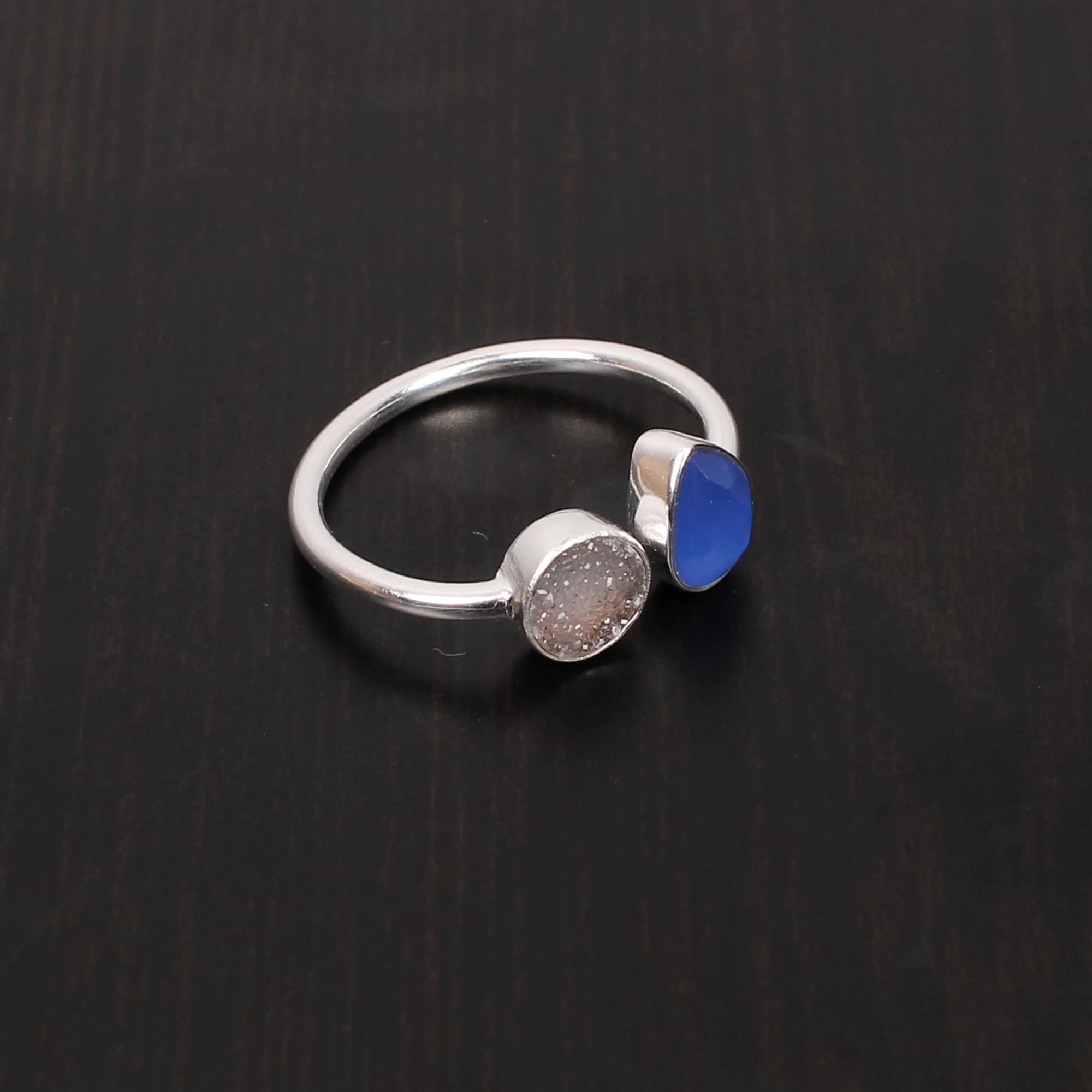 Pink Chalcedony and Gray Druzy Stackable 925 Sterling Silver Ring