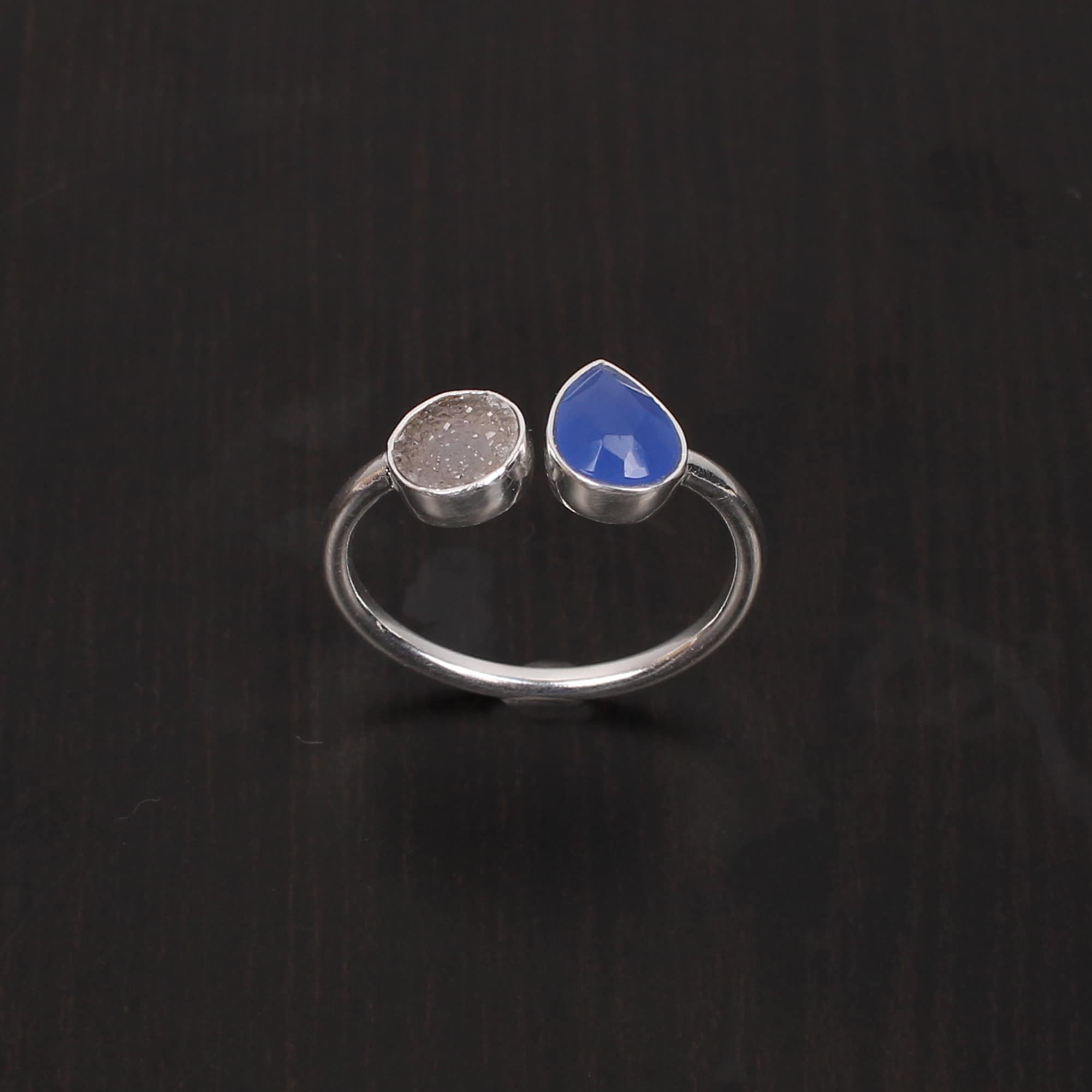 Pink Chalcedony and Gray Druzy Stackable 925 Sterling Silver Ring