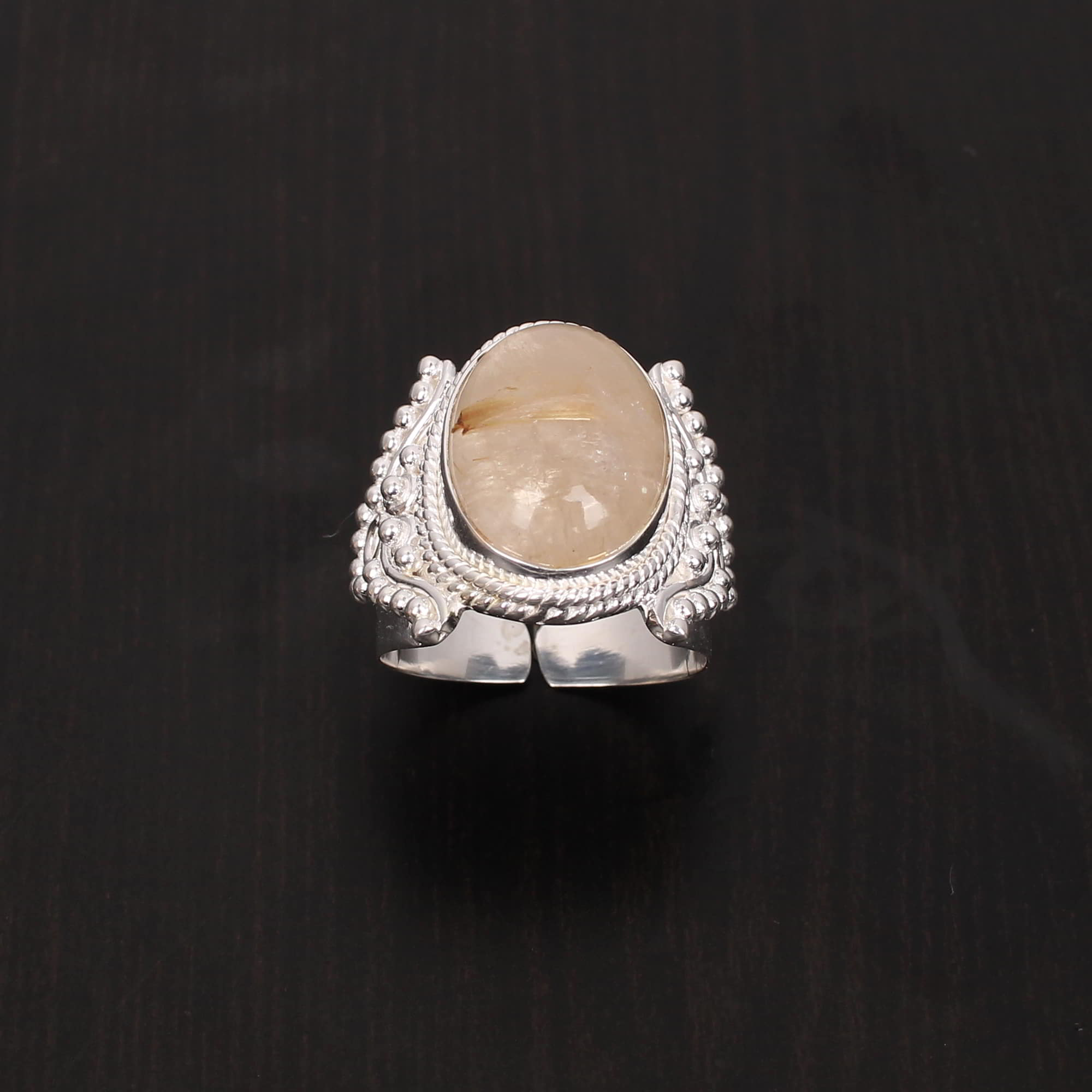 Natural Golden Rutile Oval Cab Stackable 925 Sterling Silver Ring