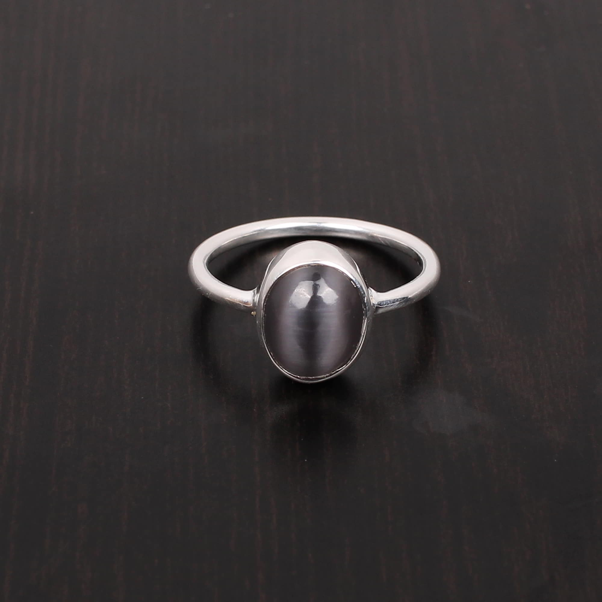 Gray Cats Eye Oval Cab Stackable 925 Sterling Silver Ring