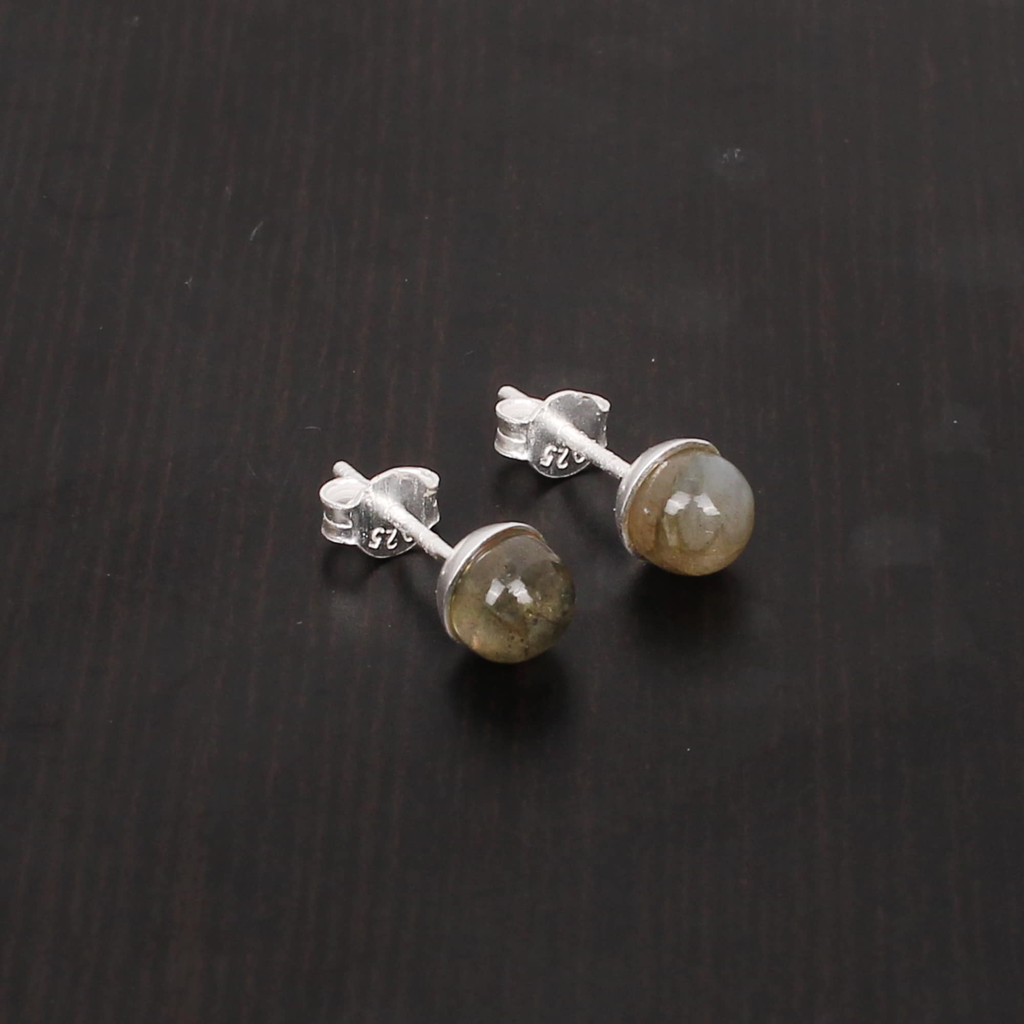 Natural Labradorite 6mm Round Cab 925 Sterling Silver Stud Earring