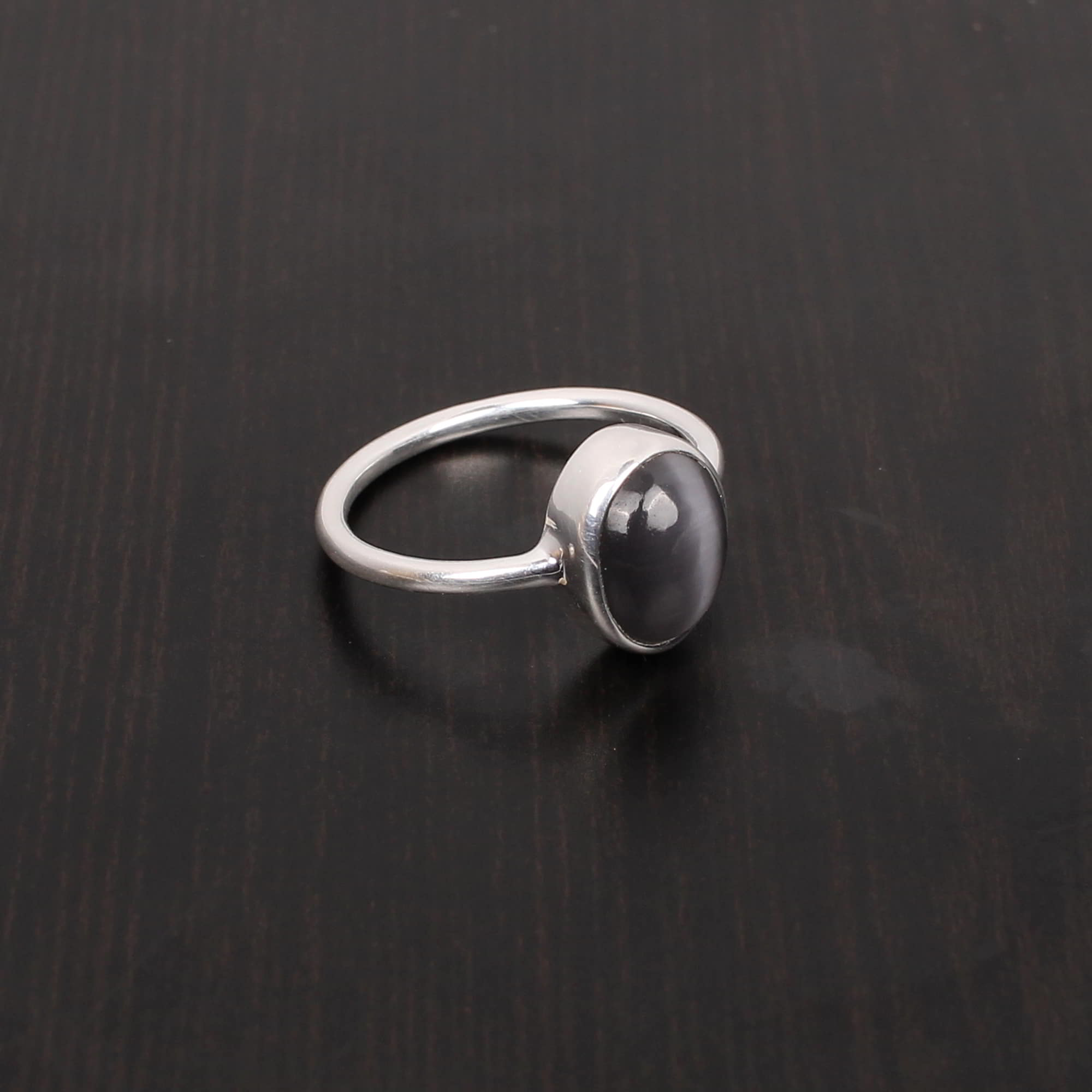 Gray Cats Eye Oval Cab Stackable 925 Sterling Silver Ring