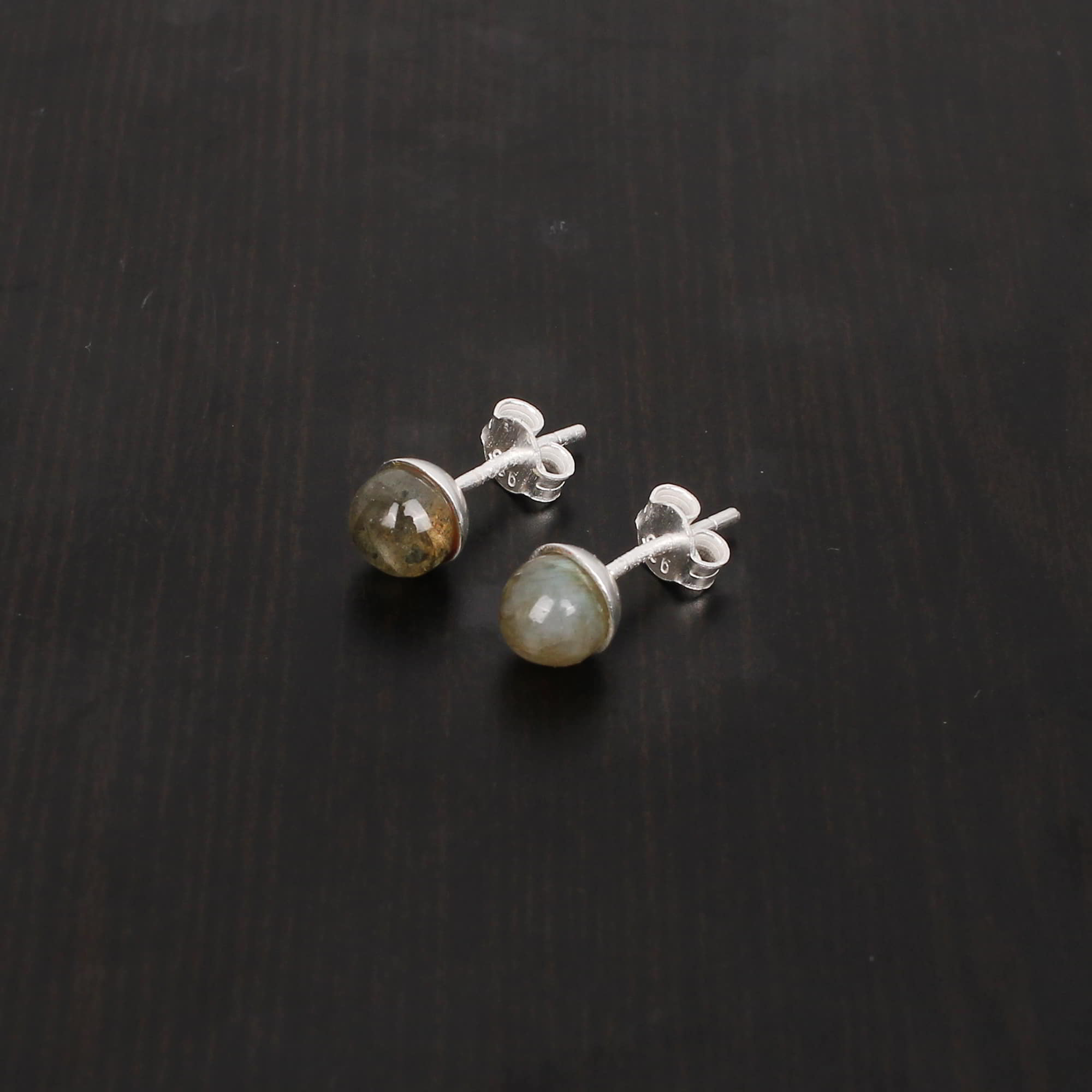 Natural Labradorite 6mm Round Cab 925 Sterling Silver Stud Earring