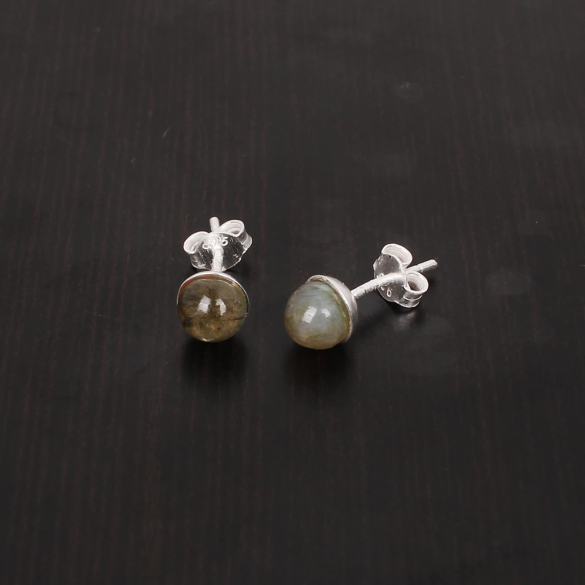Natural Labradorite 6mm Round Cab 925 Sterling Silver Stud Earring