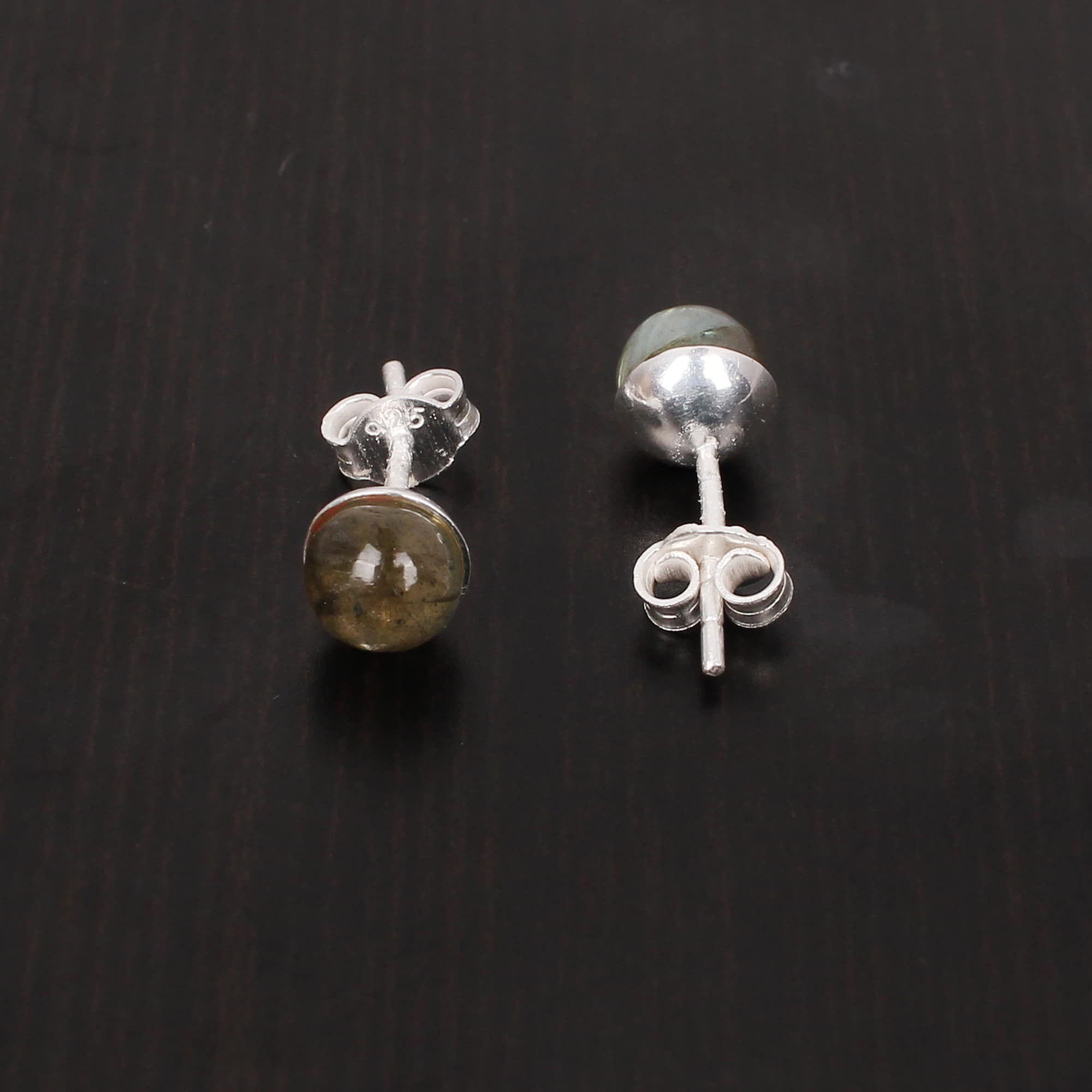 Natural Labradorite 6mm Round Cab 925 Sterling Silver Stud Earring