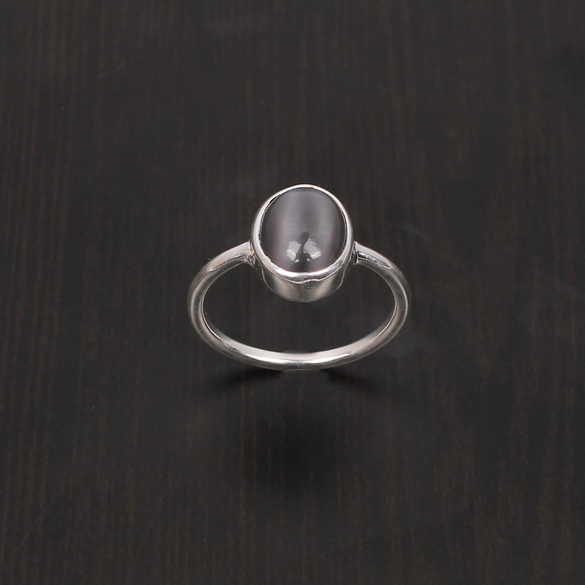 Gray Cats Eye Oval Cab Stackable 925 Sterling Silver Ring