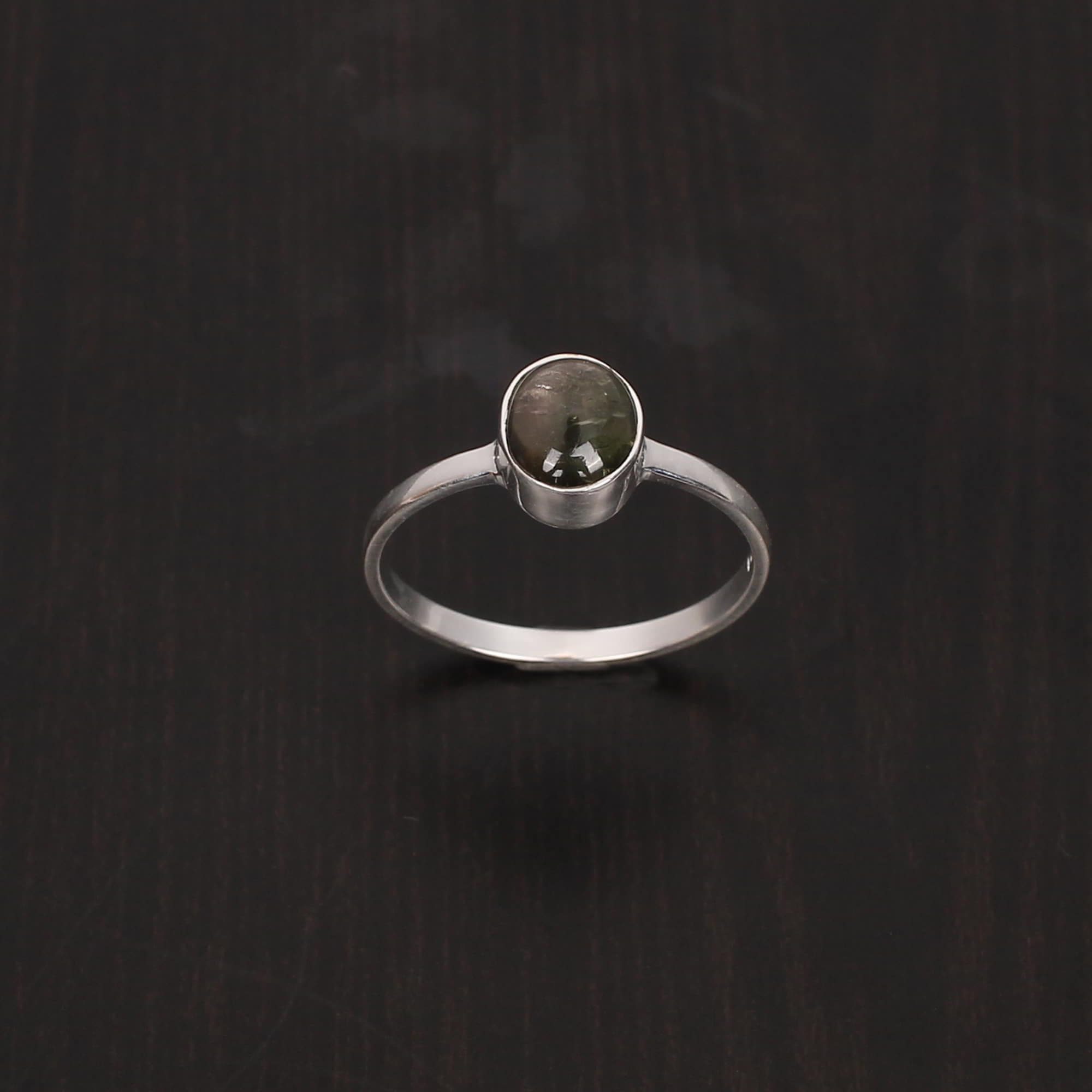 Natural Green Tourmaline Oval Cab Stackable 925 Sterling Silver Ring