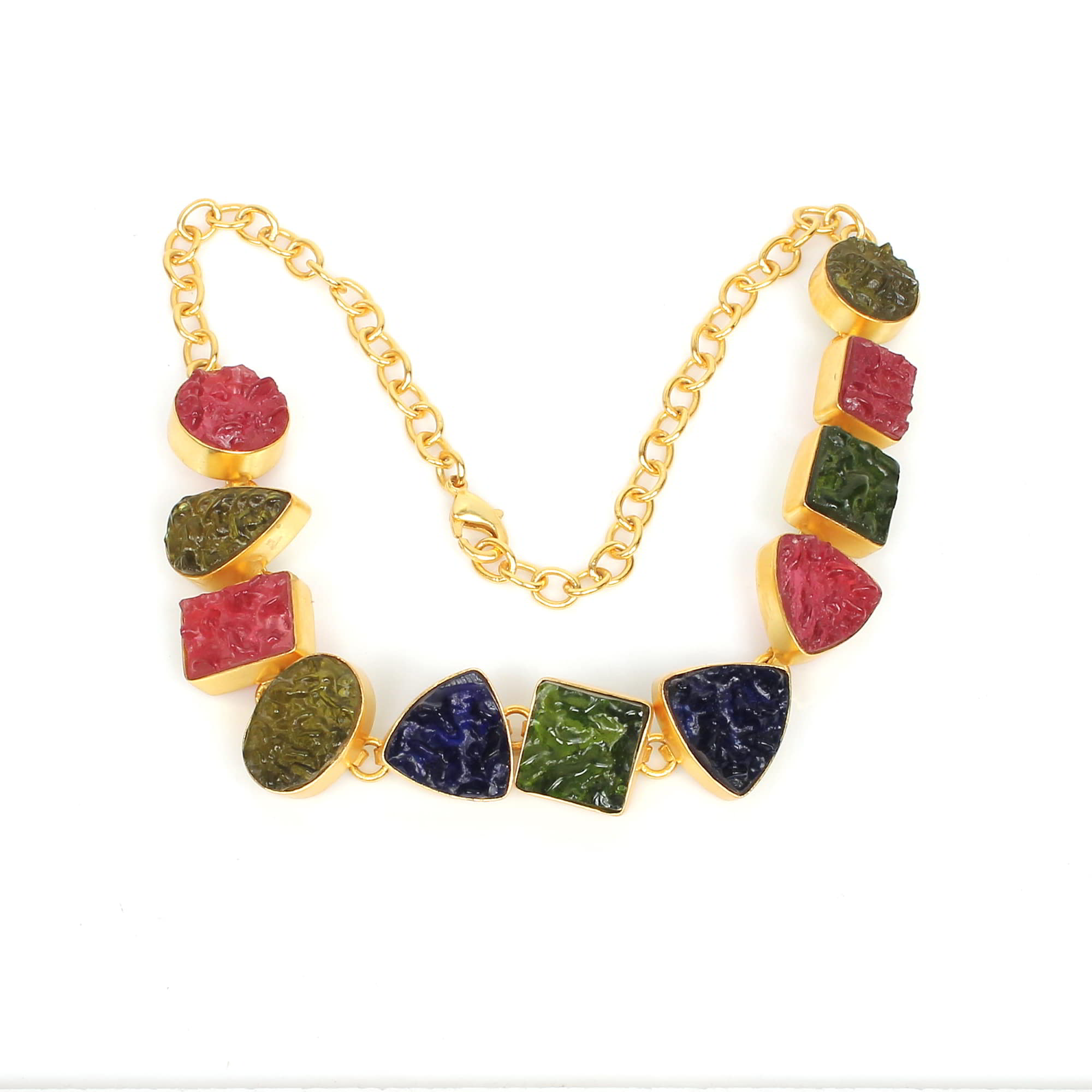 Multi Moldovite 15x15mm12mm15x15mm Gemstone Gold Plated Brass Necklace