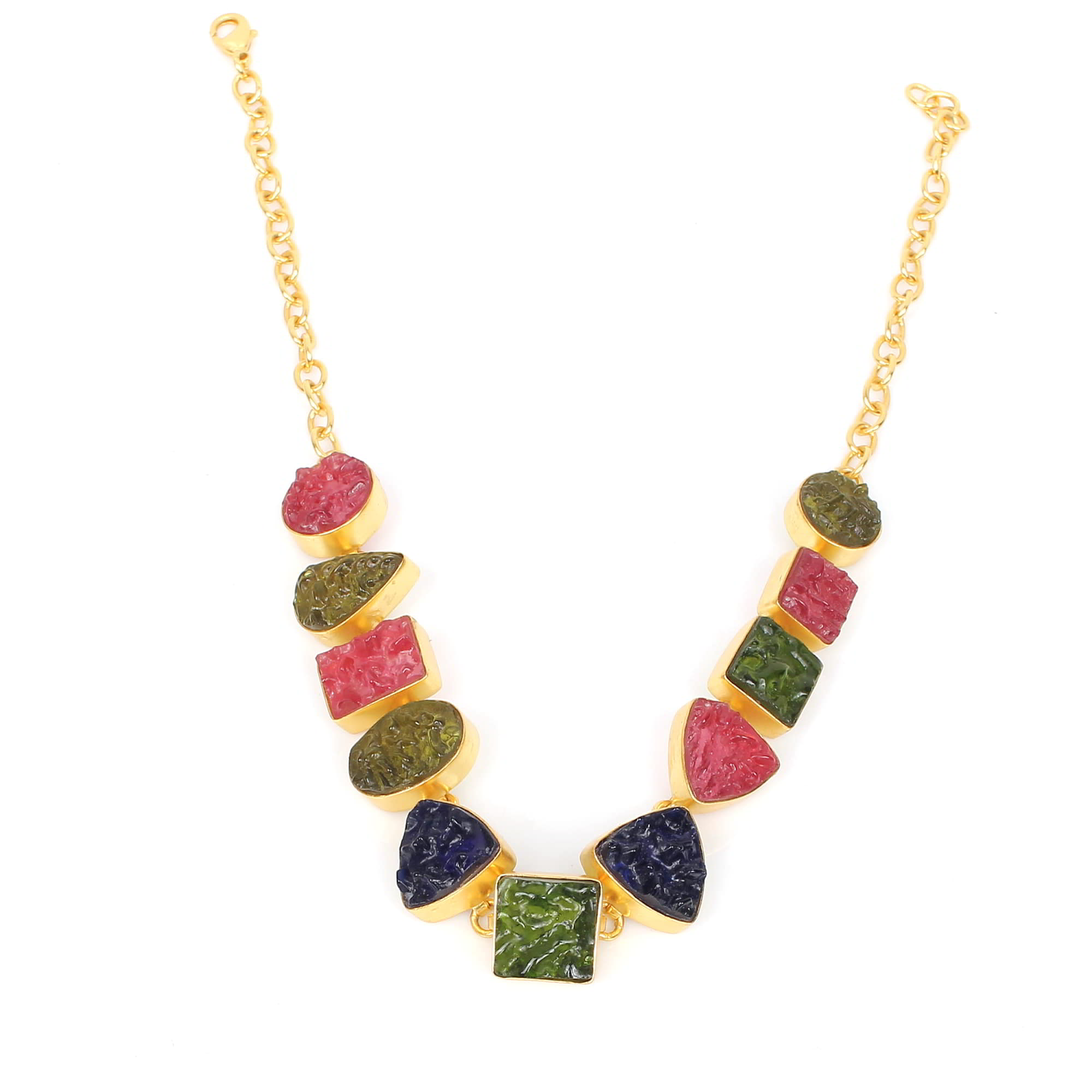 Multi Moldovite 15x15mm12mm15x15mm Gemstone Gold Plated Brass Necklace