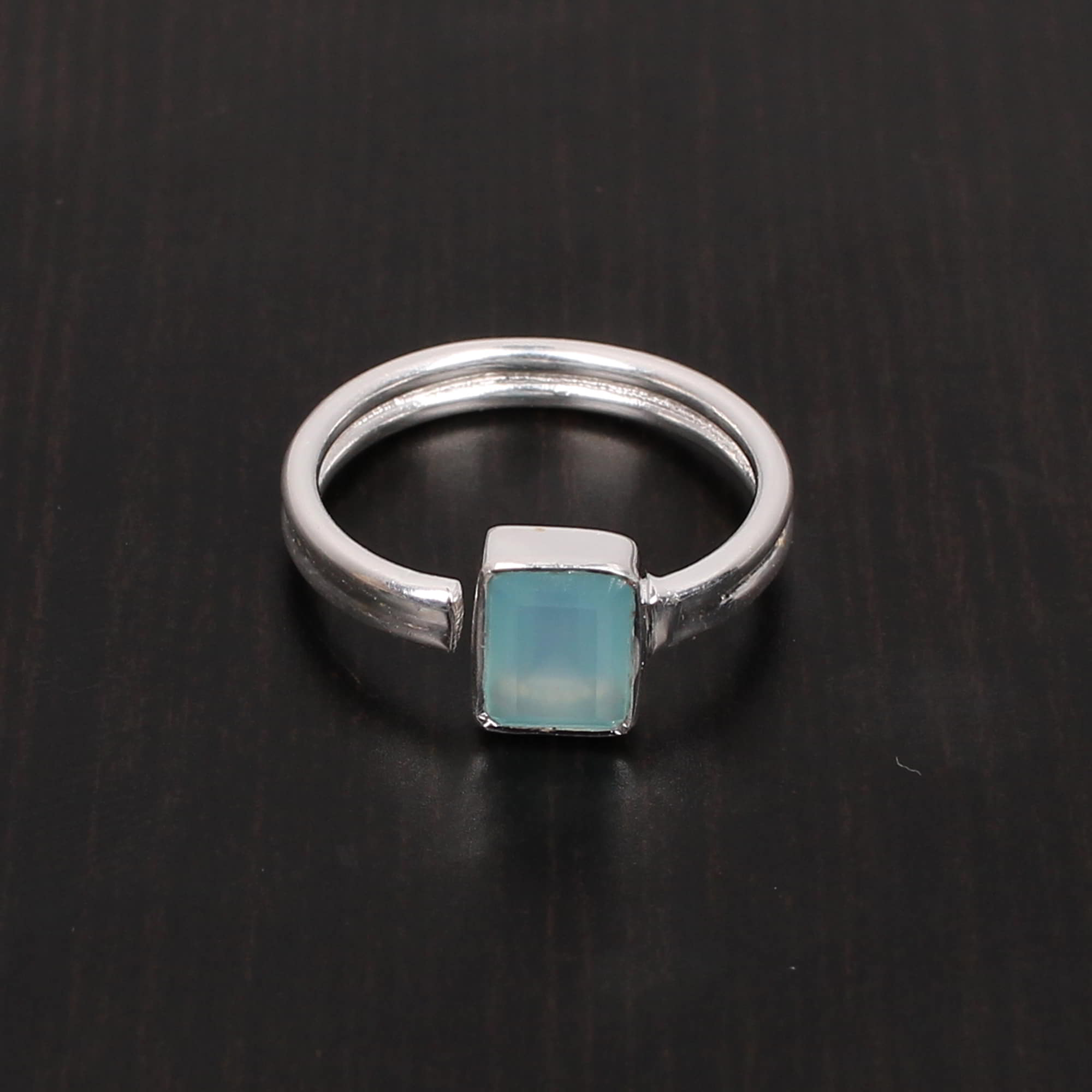 Aqua Chalcedony Rectangle Cut Stackable 925 Sterling Silver Ring