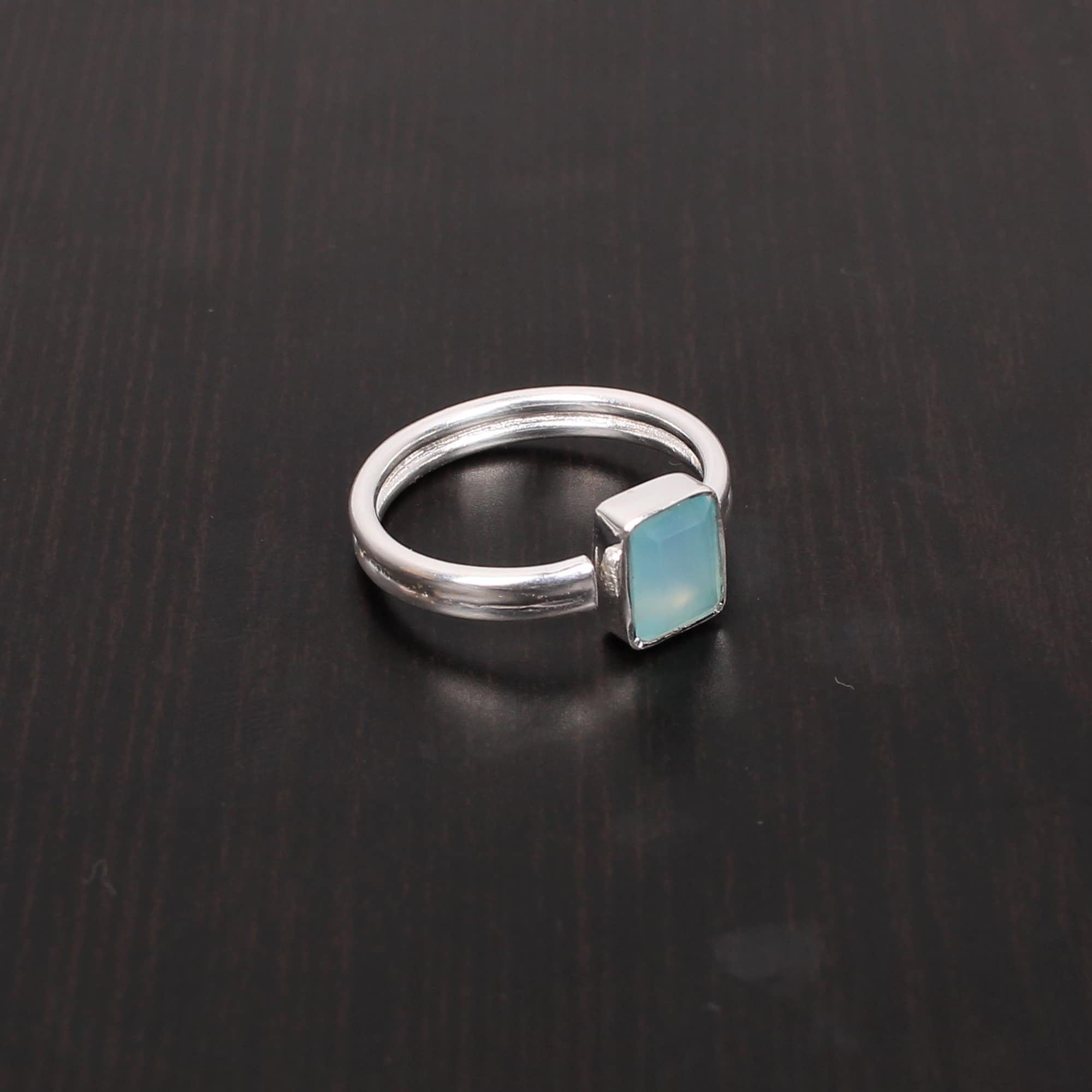 Aqua Chalcedony Rectangle Cut Stackable 925 Sterling Silver Ring