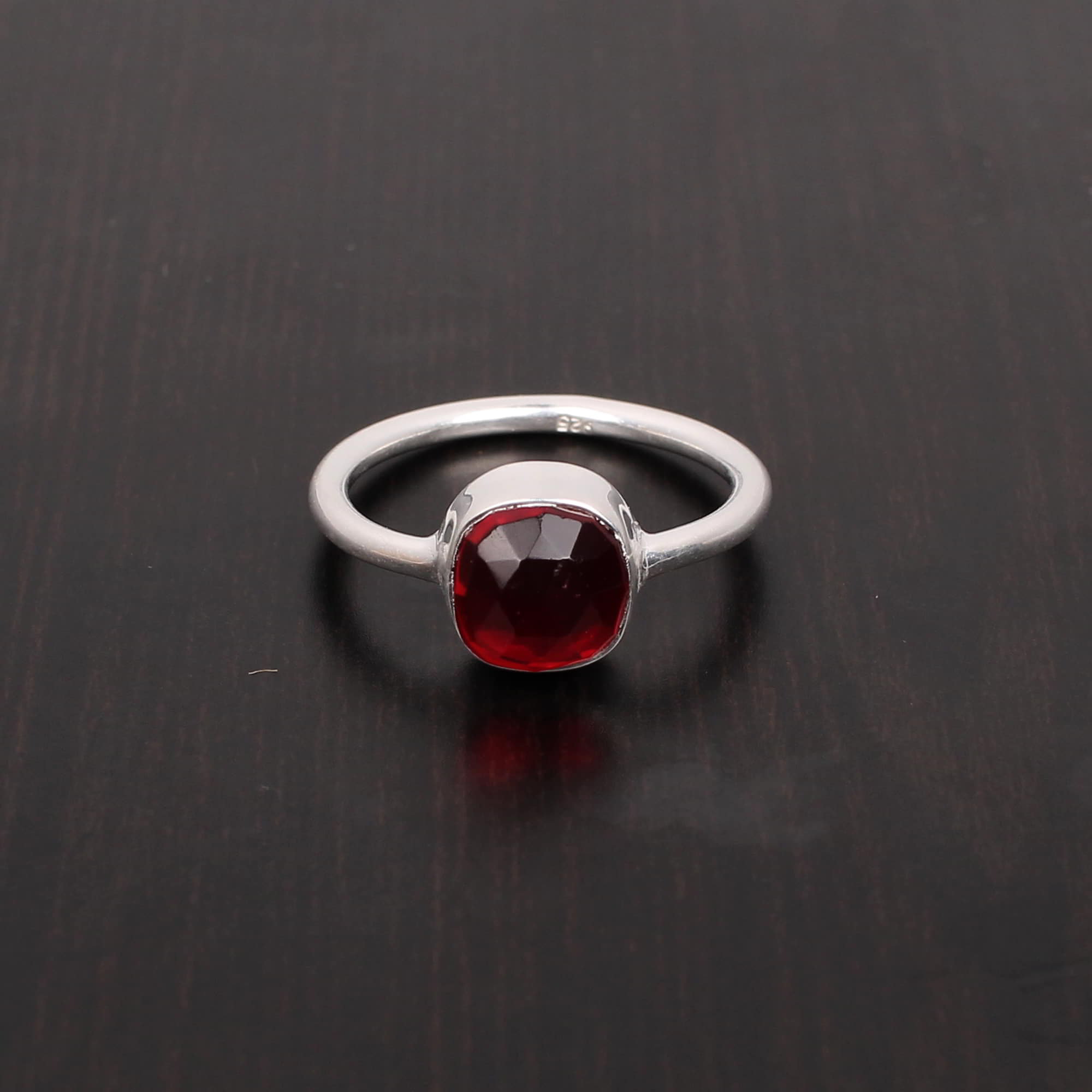 Garnet Hydro 8x8mm Cushion Rose Cut Stackable 925 Sterling Silver Ring