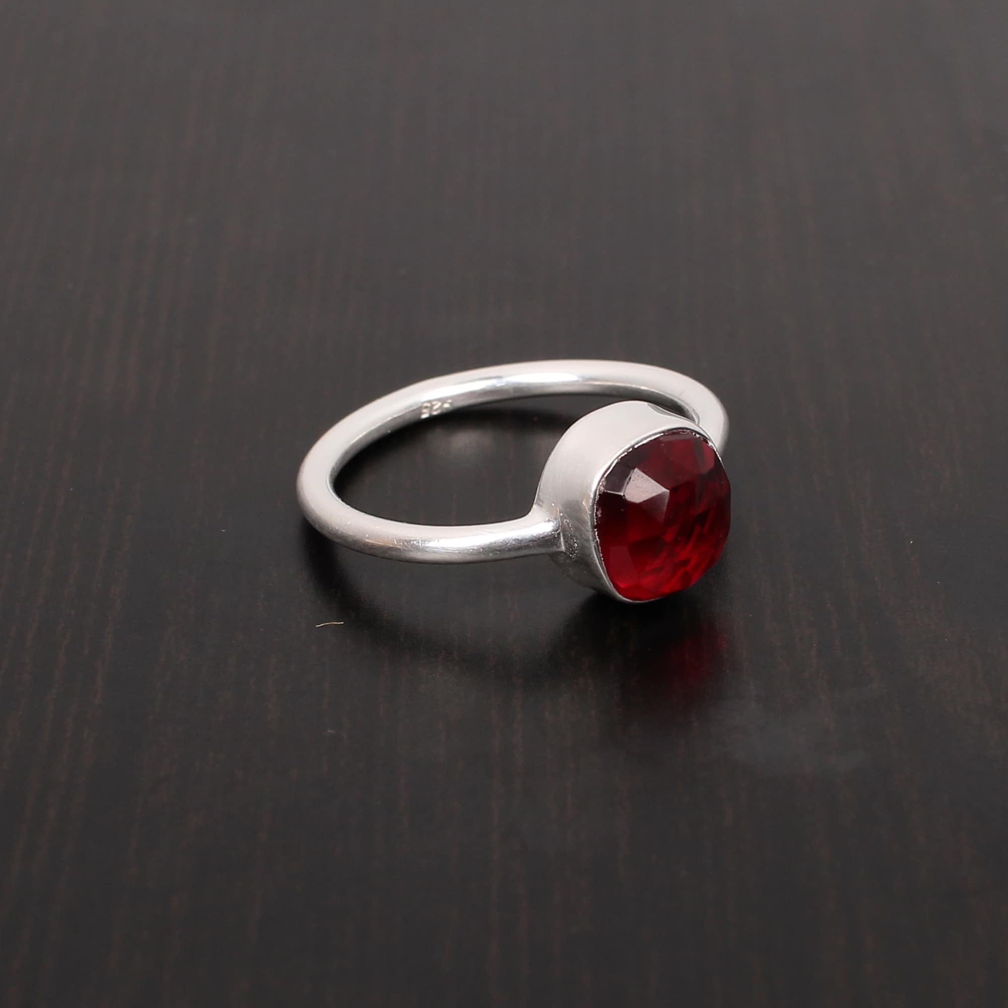 Garnet Hydro 8x8mm Cushion Rose Cut Stackable 925 Sterling Silver Ring