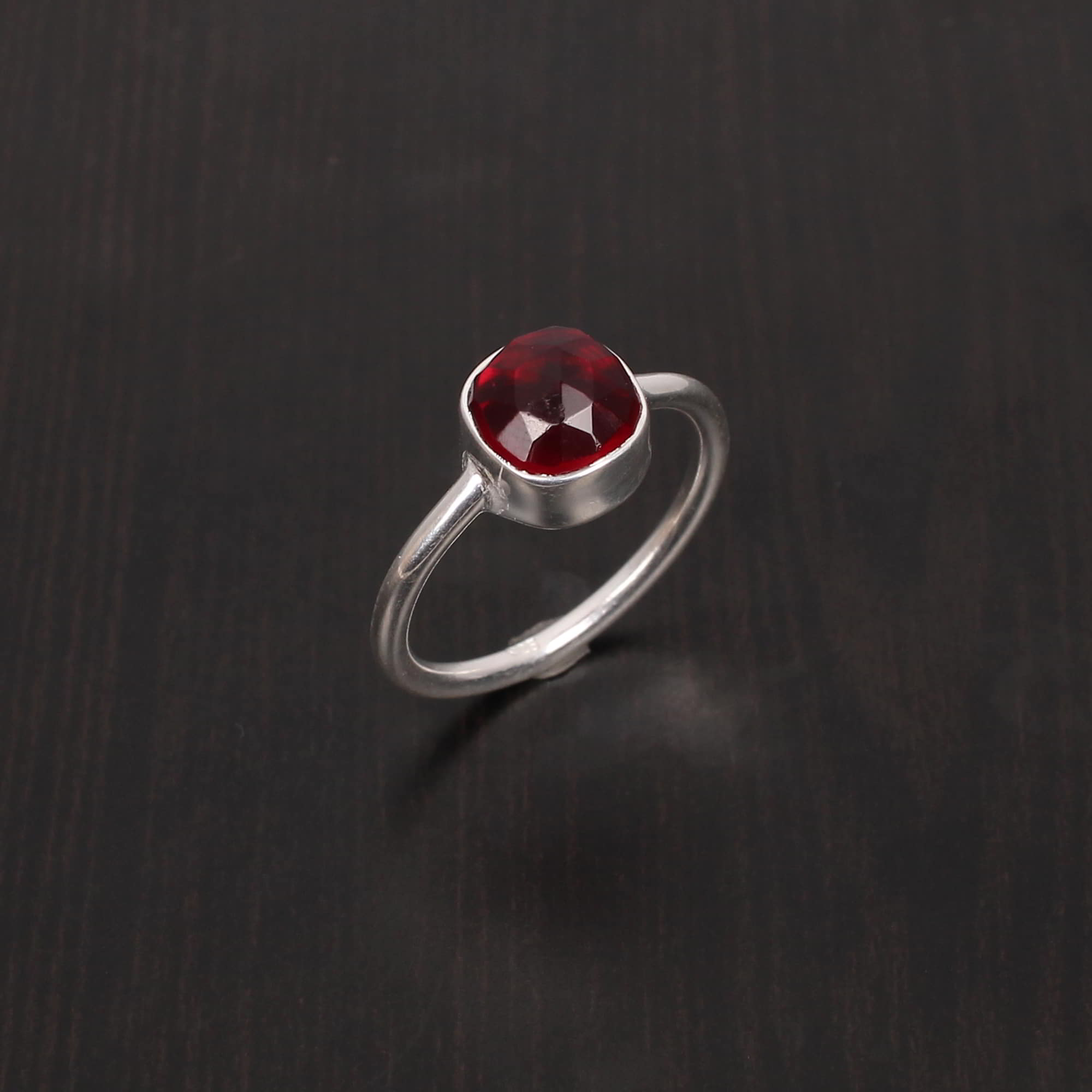 Garnet Hydro 8x8mm Cushion Rose Cut Stackable 925 Sterling Silver Ring