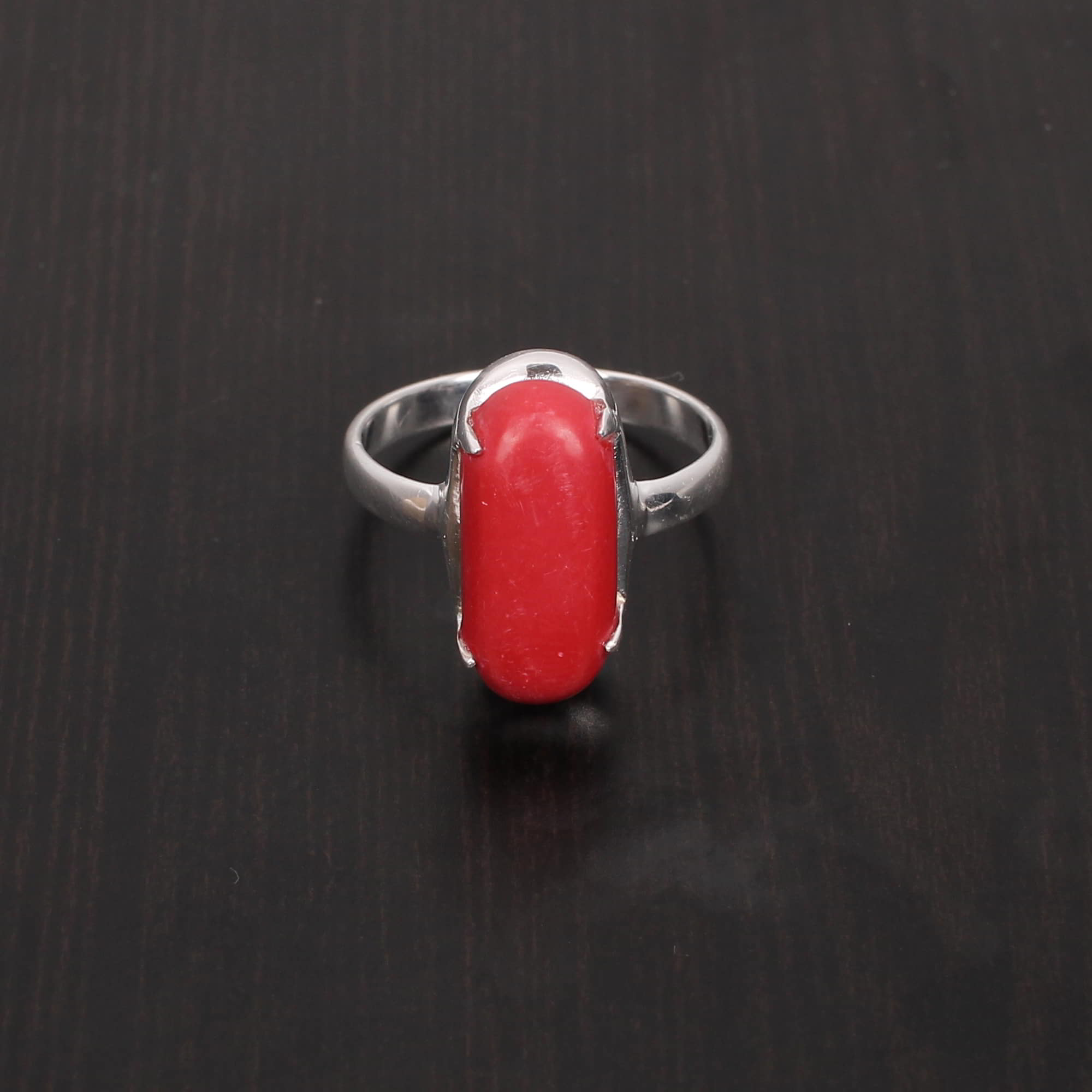Red Coral 17x8mm Cushion Rectangle Cabochon 925 Sterling Silver Ring
