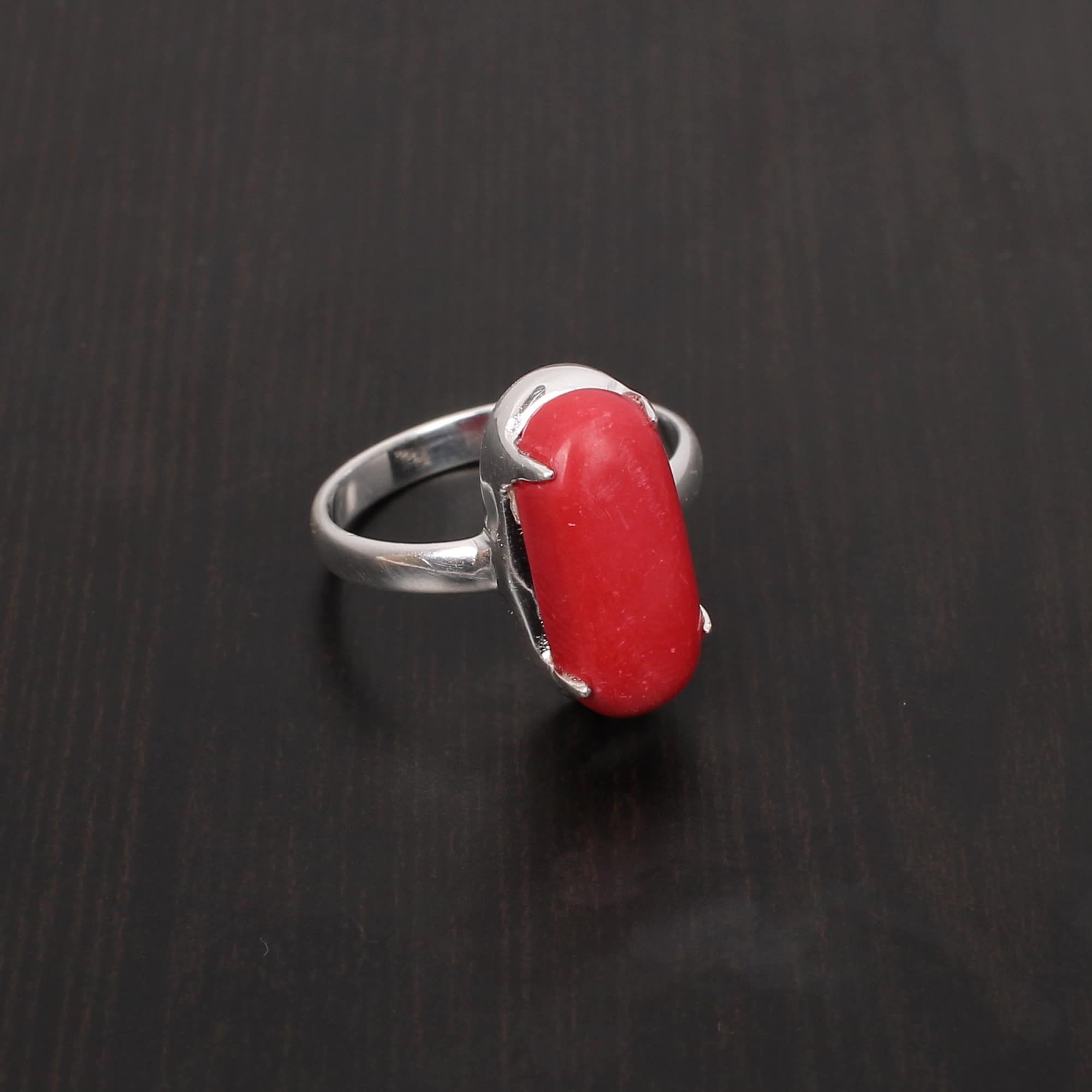 Red Coral 17x8mm Cushion Rectangle Cabochon 925 Sterling Silver Ring