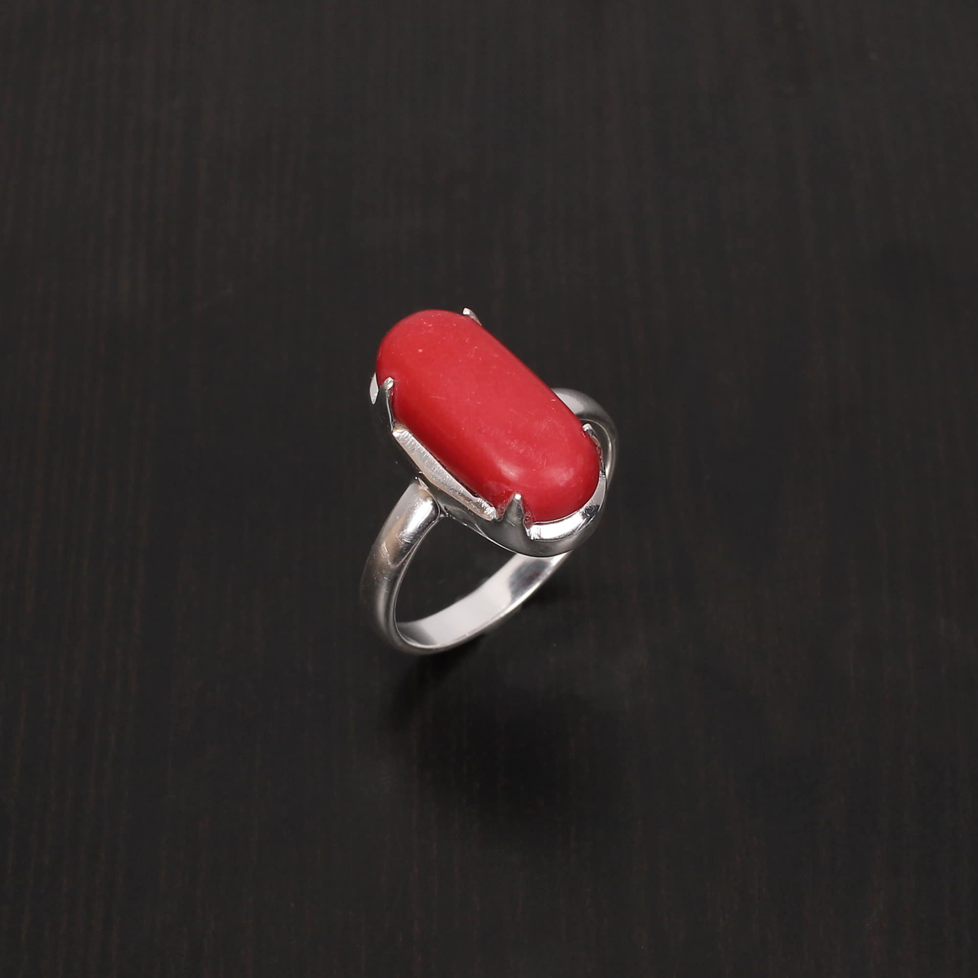 Red Coral 17x8mm Cushion Rectangle Cabochon 925 Sterling Silver Ring