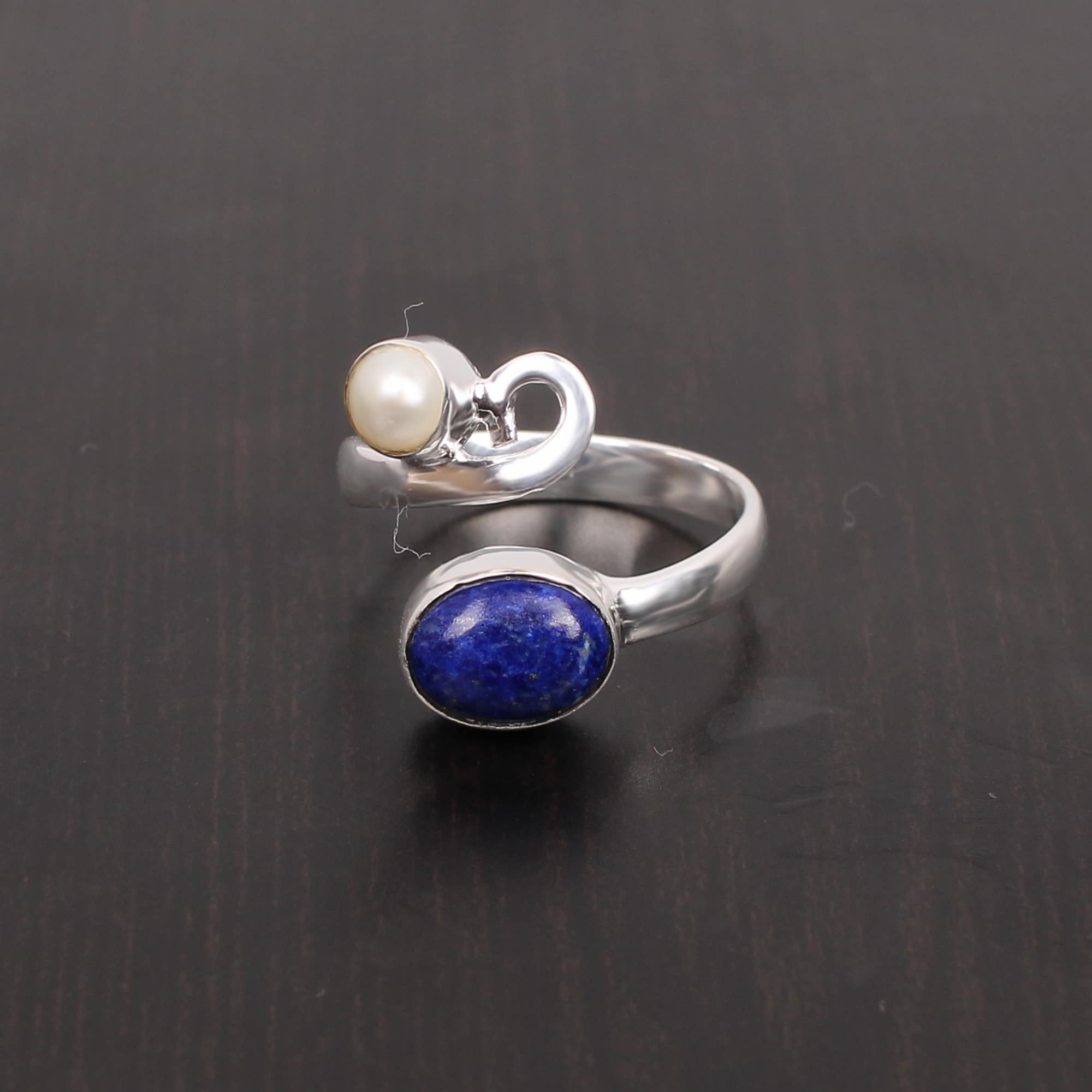 Lapis Lazuli and Pearl Oval Cab Round Cab 262Gram 925 Sterling Silver Ring