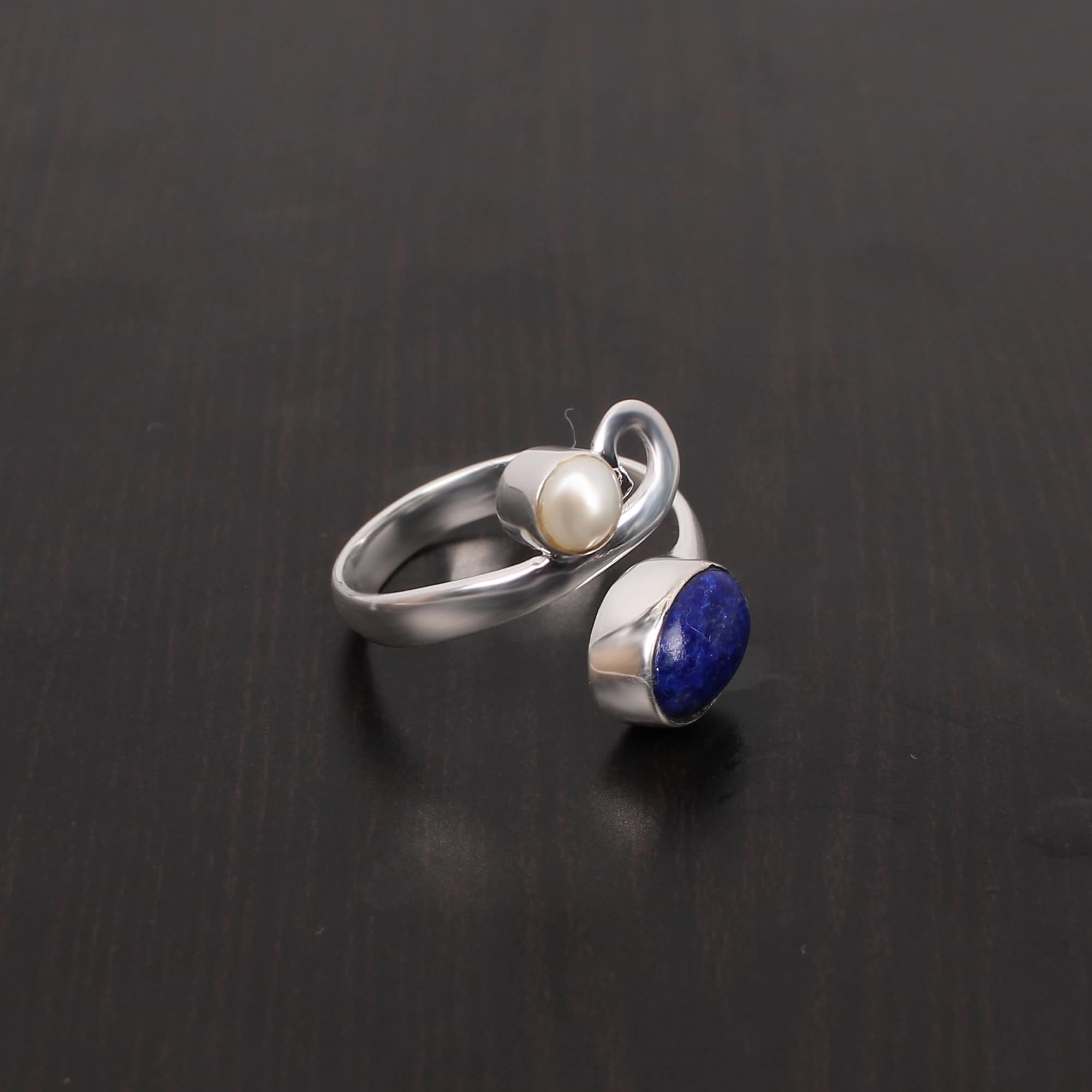 Lapis Lazuli and Pearl Oval Cab Round Cab 262Gram 925 Sterling Silver Ring